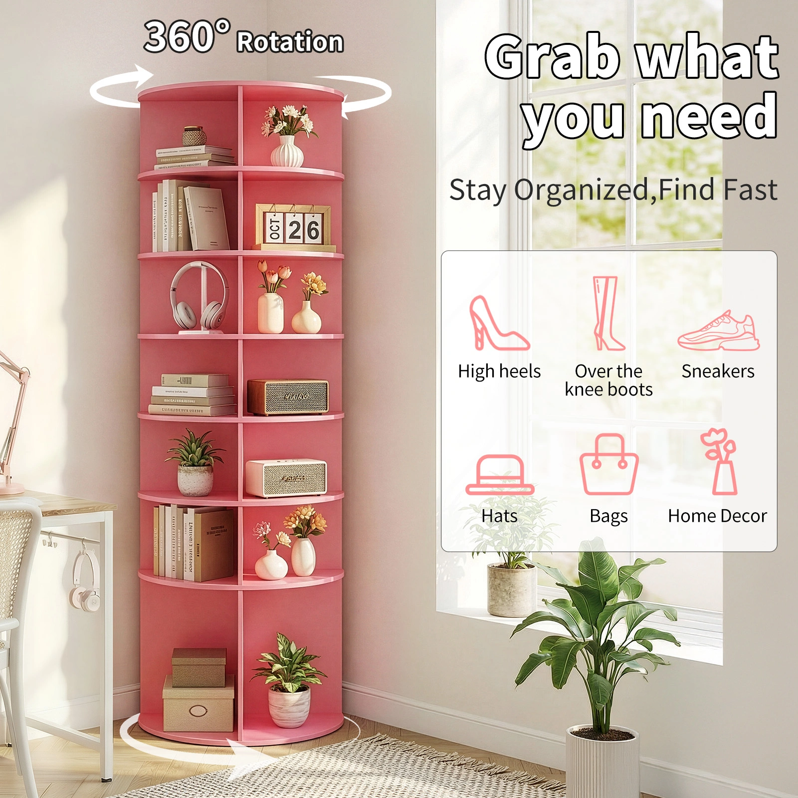 7-tier, 360° rotating wood-plastic composite shoe rack, 60*60*184cm, pink view 8