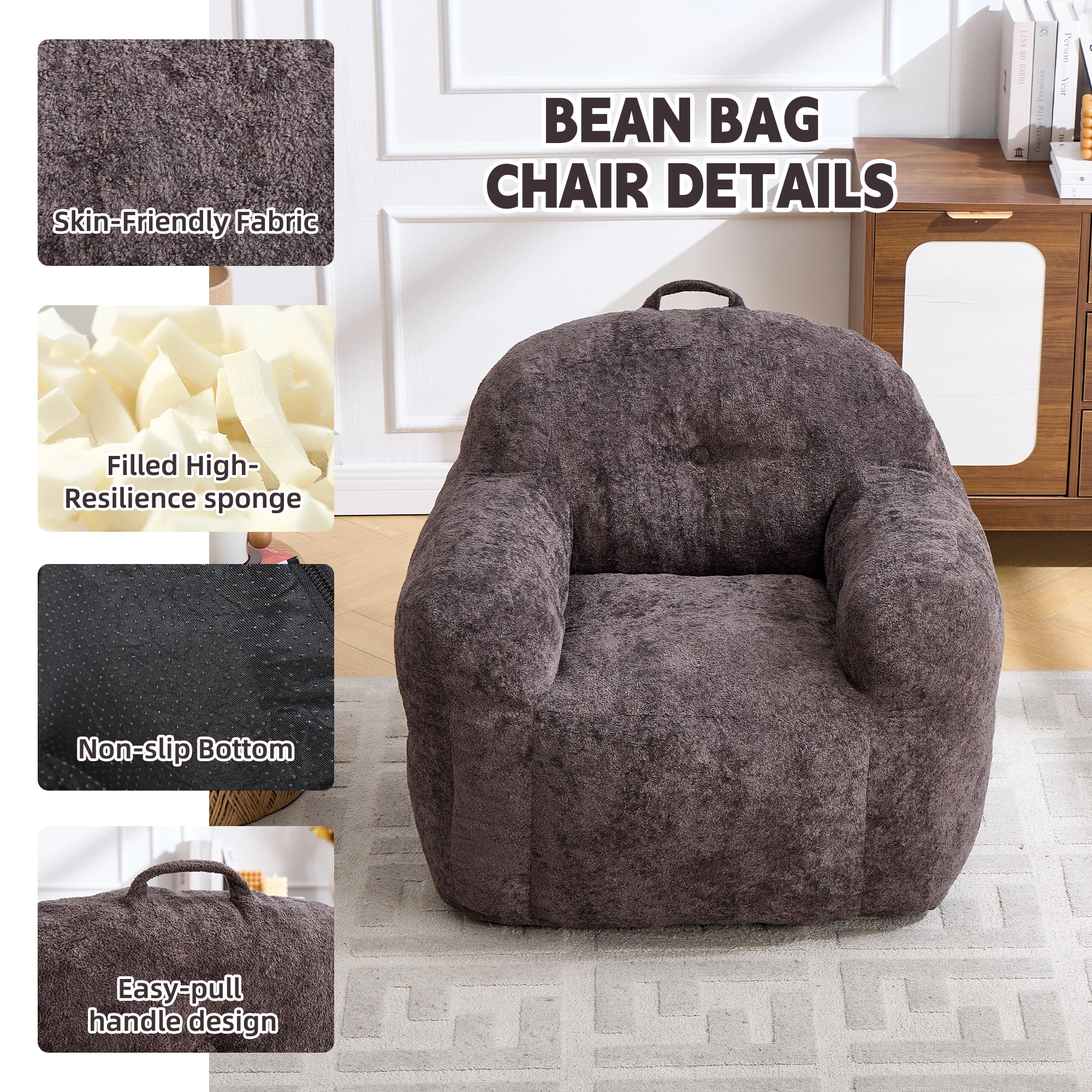 Bean Bag Chair with Armrests, Faux Fur Beanbag Sofa with Shredded Sponge Filler, No Assembly, Dark Grey view 4