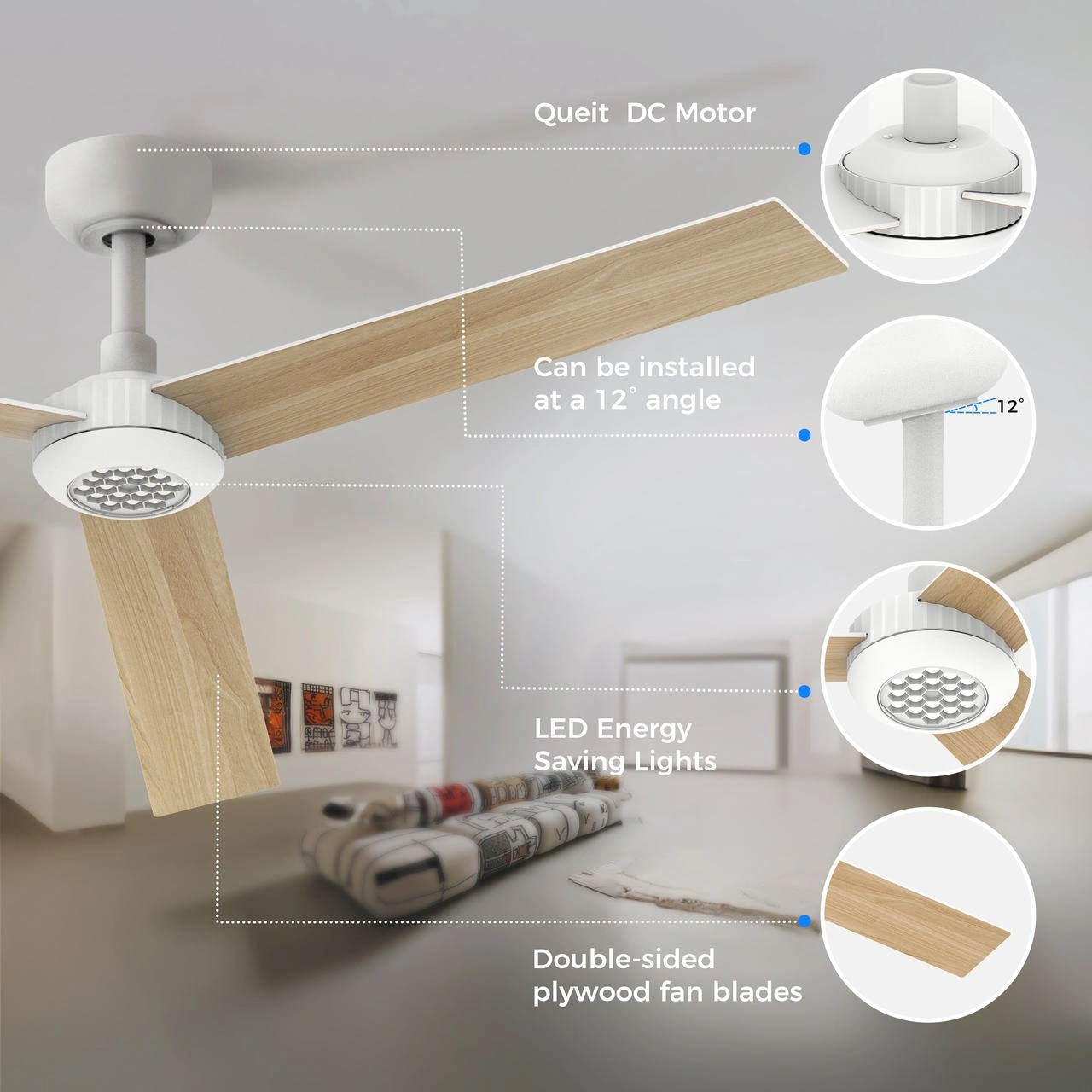 52 inch Modern Ceiling Fan with Lights,Remote Control, 3 Plywood Blades,6-Speed,Dimmable, Noiseless Reversible DC Motor,Indoor/Outdoor Ceiling Fan for Living Room Bedroom patio, 3D-X3[Unable ship on weekends, TK/TEMU only for pickup, only TX10643 war view 8