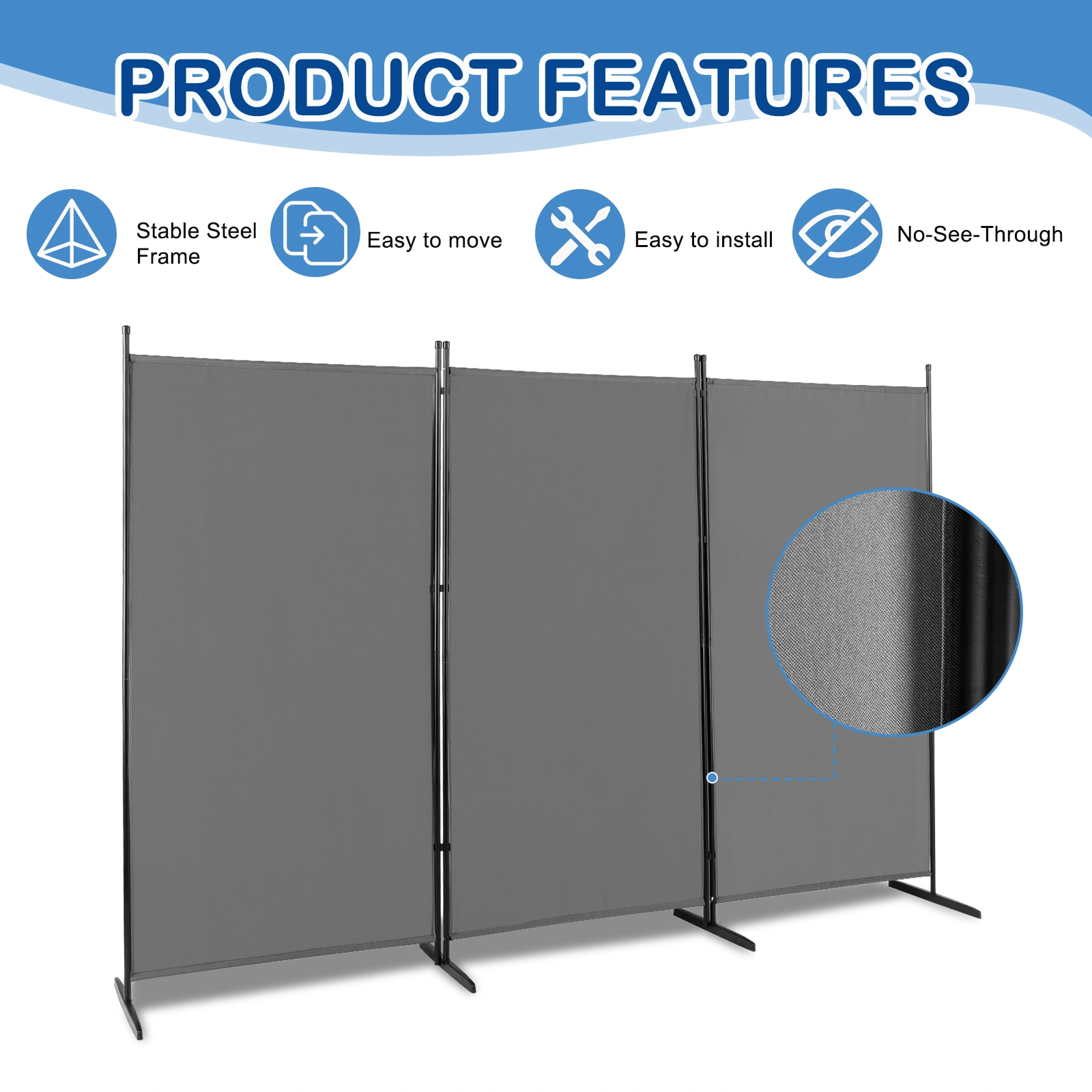 6FT Trifold 160g Polyester Cloth Plastic Foot Carbon Steel Frame Foldable Screen Gray view 2