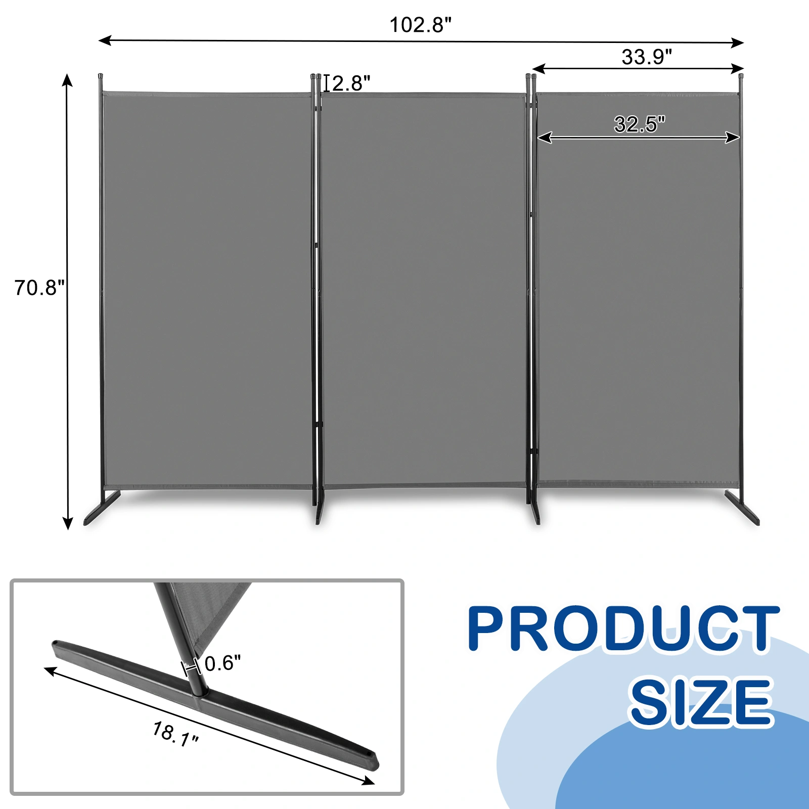 6FT Trifold 160g Polyester Cloth Plastic Foot Carbon Steel Frame Foldable Screen Gray view 4