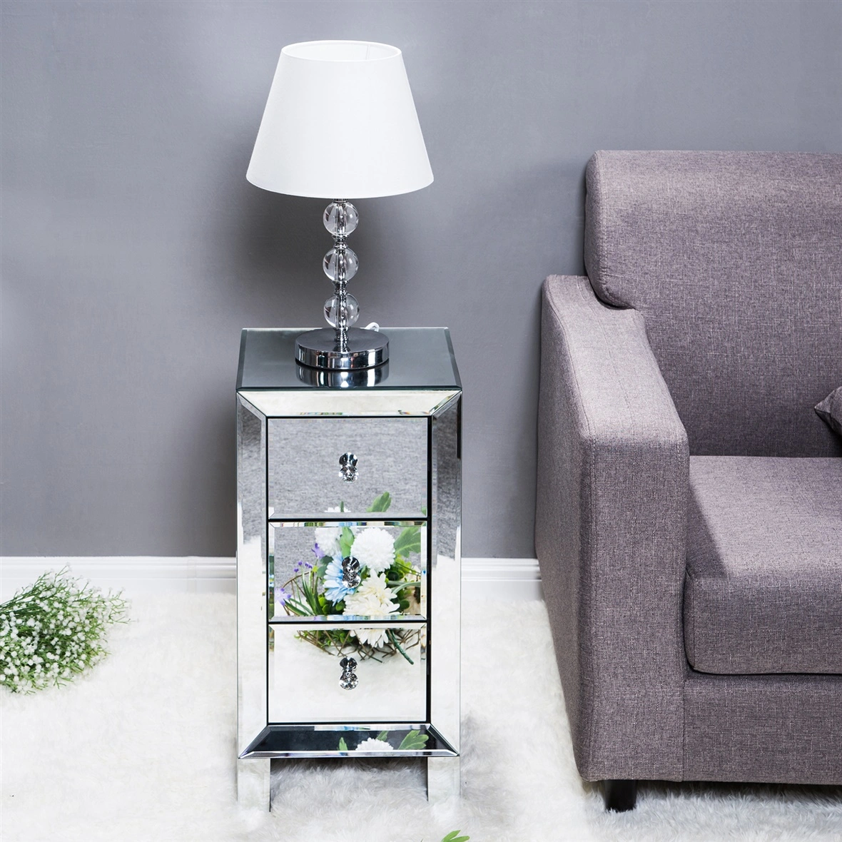 3-Drawer Mirrored Bedside Table MDF Cabinet with Mirrored Drawers Silver view 17