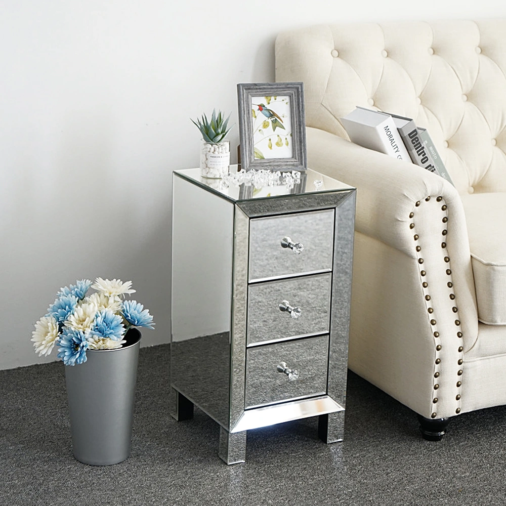 3-Drawer Mirrored Bedside Table MDF Cabinet with Mirrored Drawers Silver view 18