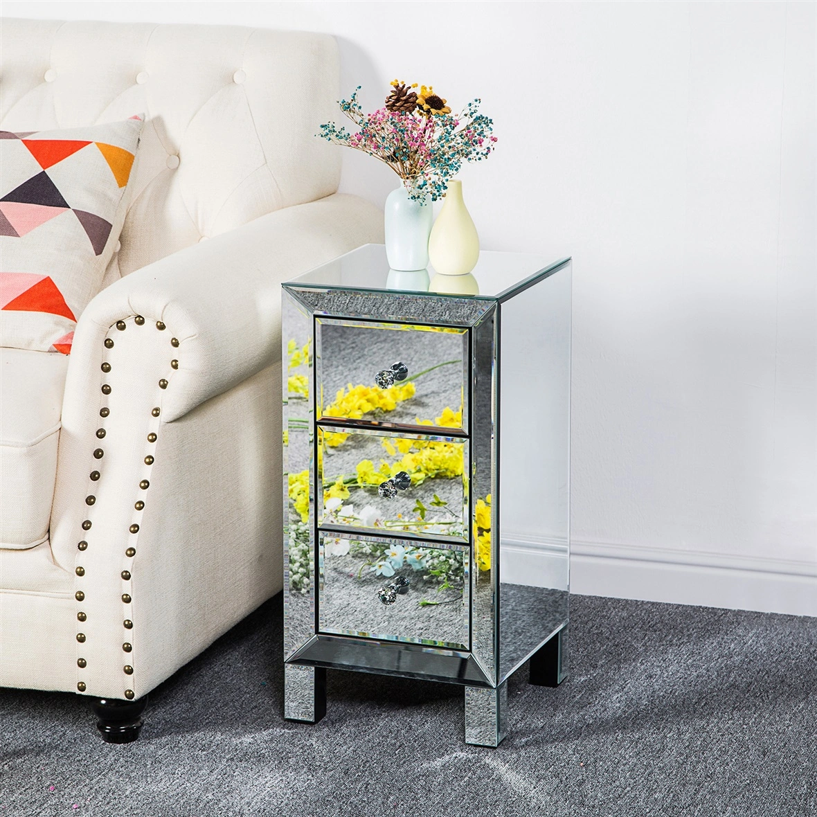 3-Drawer Mirrored Bedside Table MDF Cabinet with Mirrored Drawers Silver view 20
