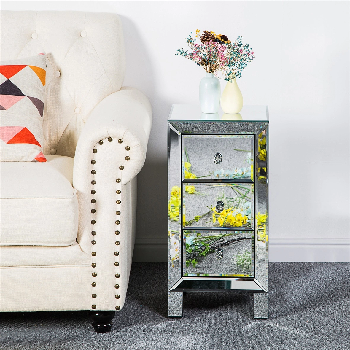 3-Drawer Mirrored Bedside Table MDF Cabinet with Mirrored Drawers Silver view 22