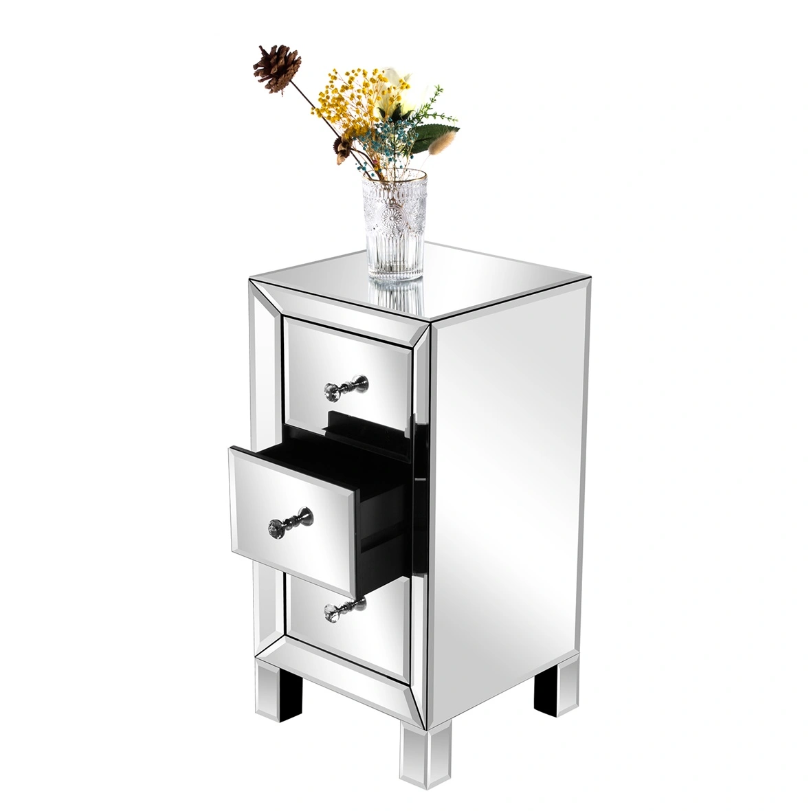 3-Drawer Mirrored Bedside Table MDF Cabinet with Mirrored Drawers Silver view 8