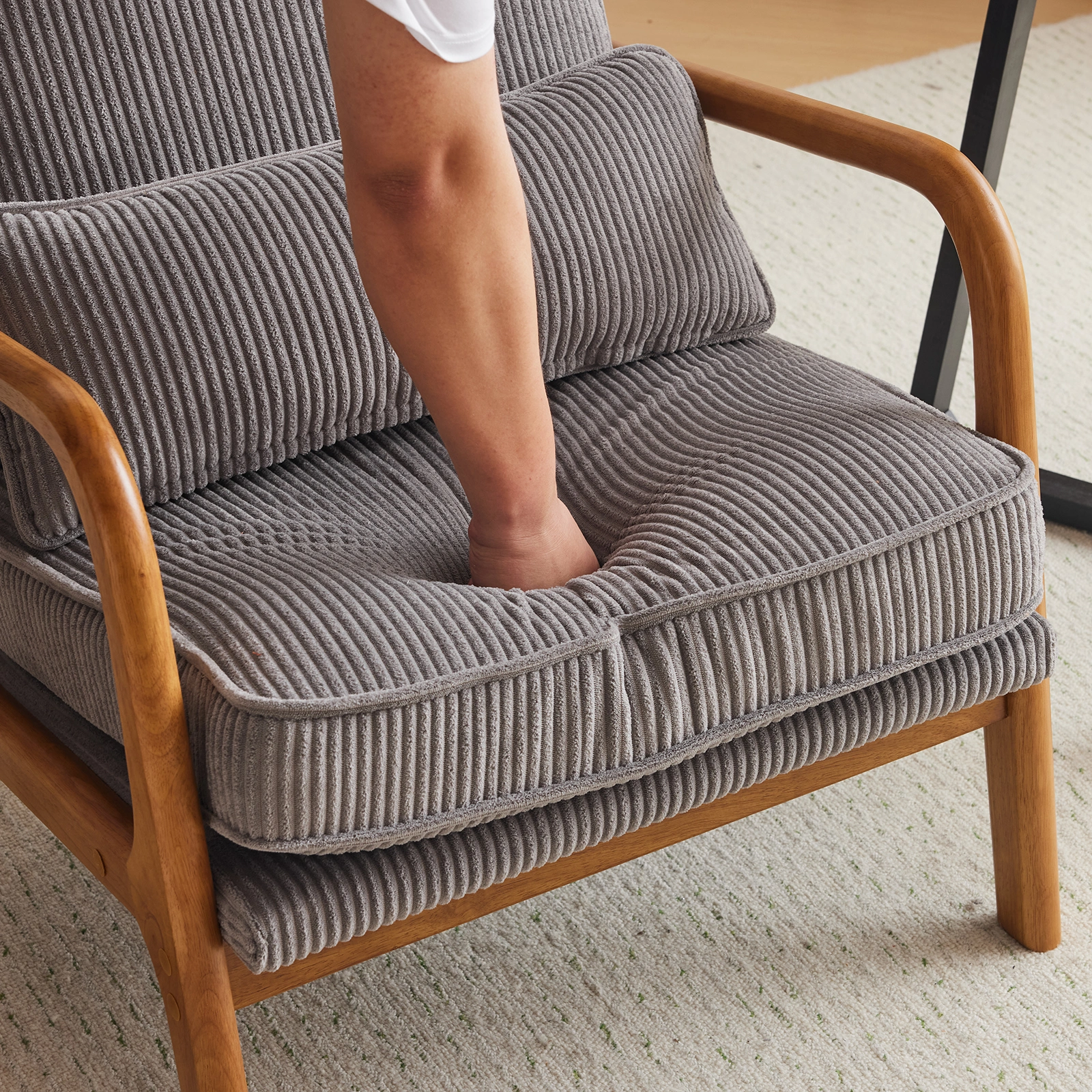 Low Arm Accent Chair - Light Gray Corduroy Upholstered Indoor Lounge Chair, Compact Single Seater with Sturdy Frame (330LBS Weight Capacity) view 14