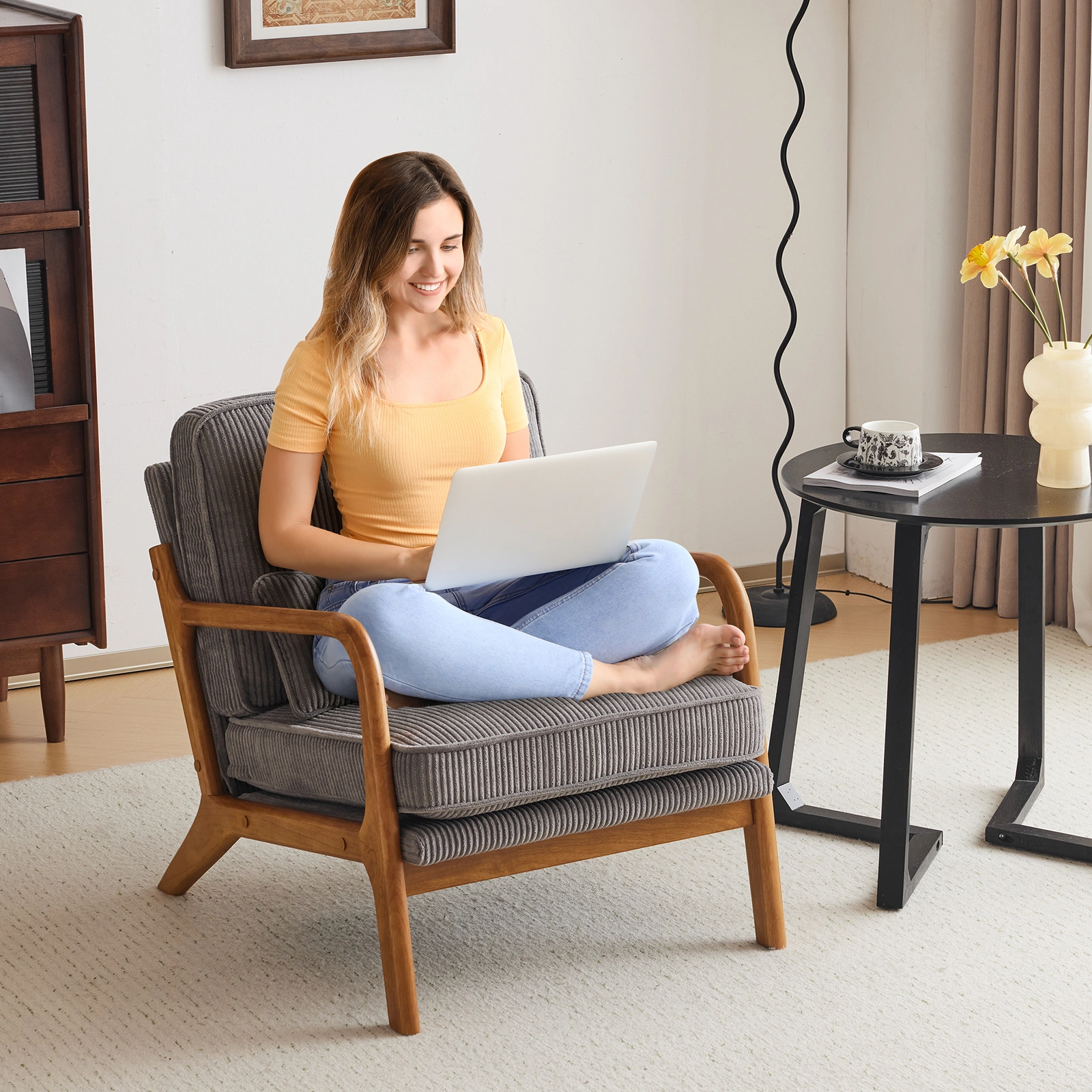 Low Arm Accent Chair - Light Gray Corduroy Upholstered Indoor Lounge Chair, Compact Single Seater with Sturdy Frame (330LBS Weight Capacity) view 15