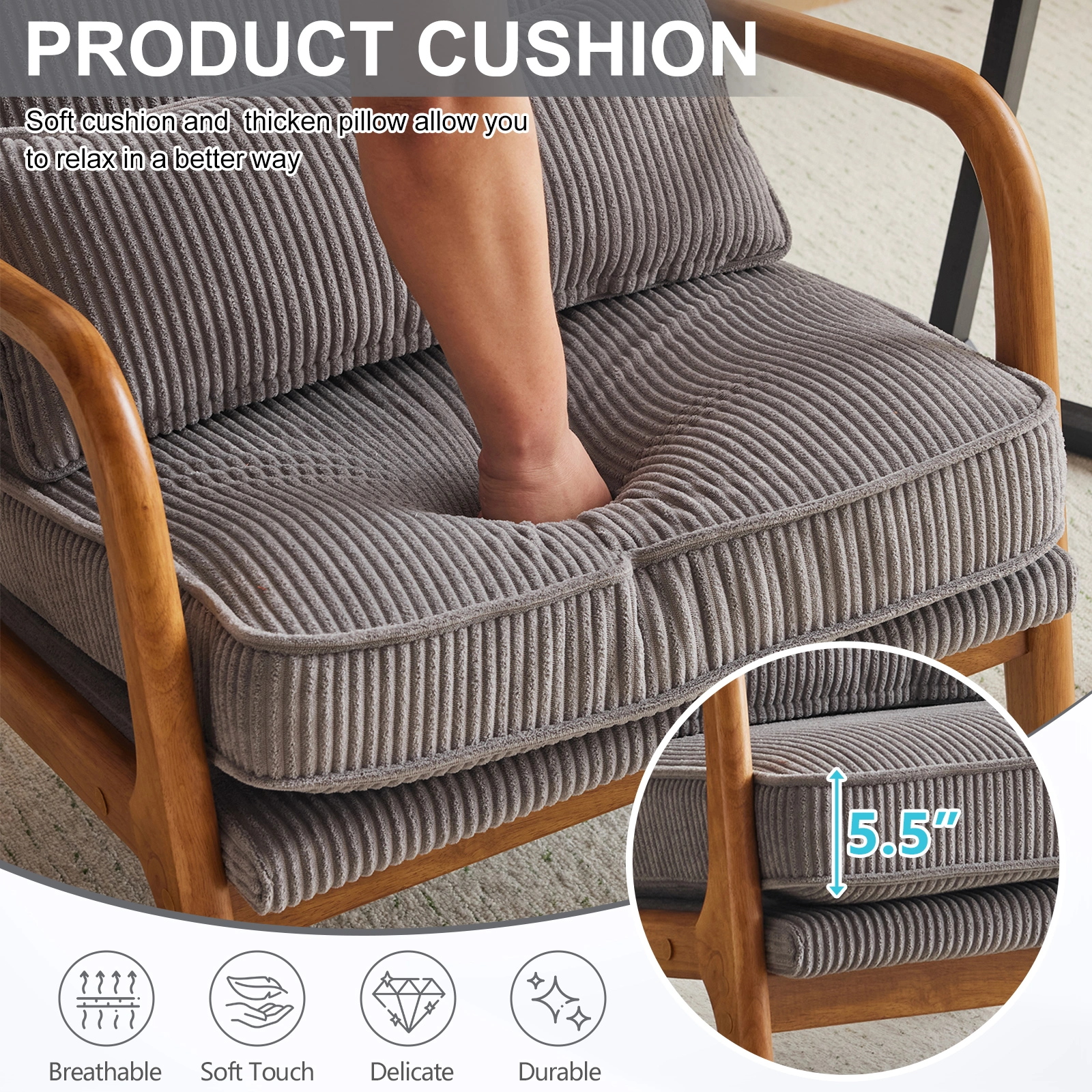 Low Arm Accent Chair - Light Gray Corduroy Upholstered Indoor Lounge Chair, Compact Single Seater with Sturdy Frame (330LBS Weight Capacity) view 4