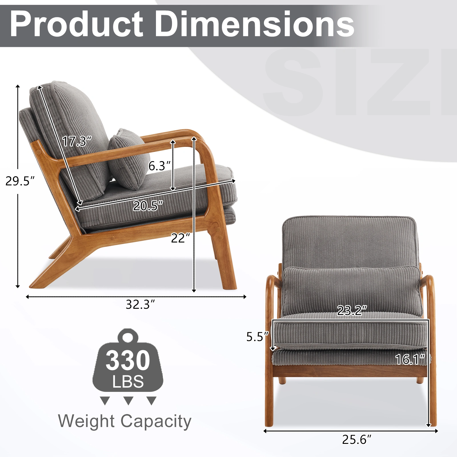 Low Arm Accent Chair - Light Gray Corduroy Upholstered Indoor Lounge Chair, Compact Single Seater with Sturdy Frame (330LBS Weight Capacity) view 7