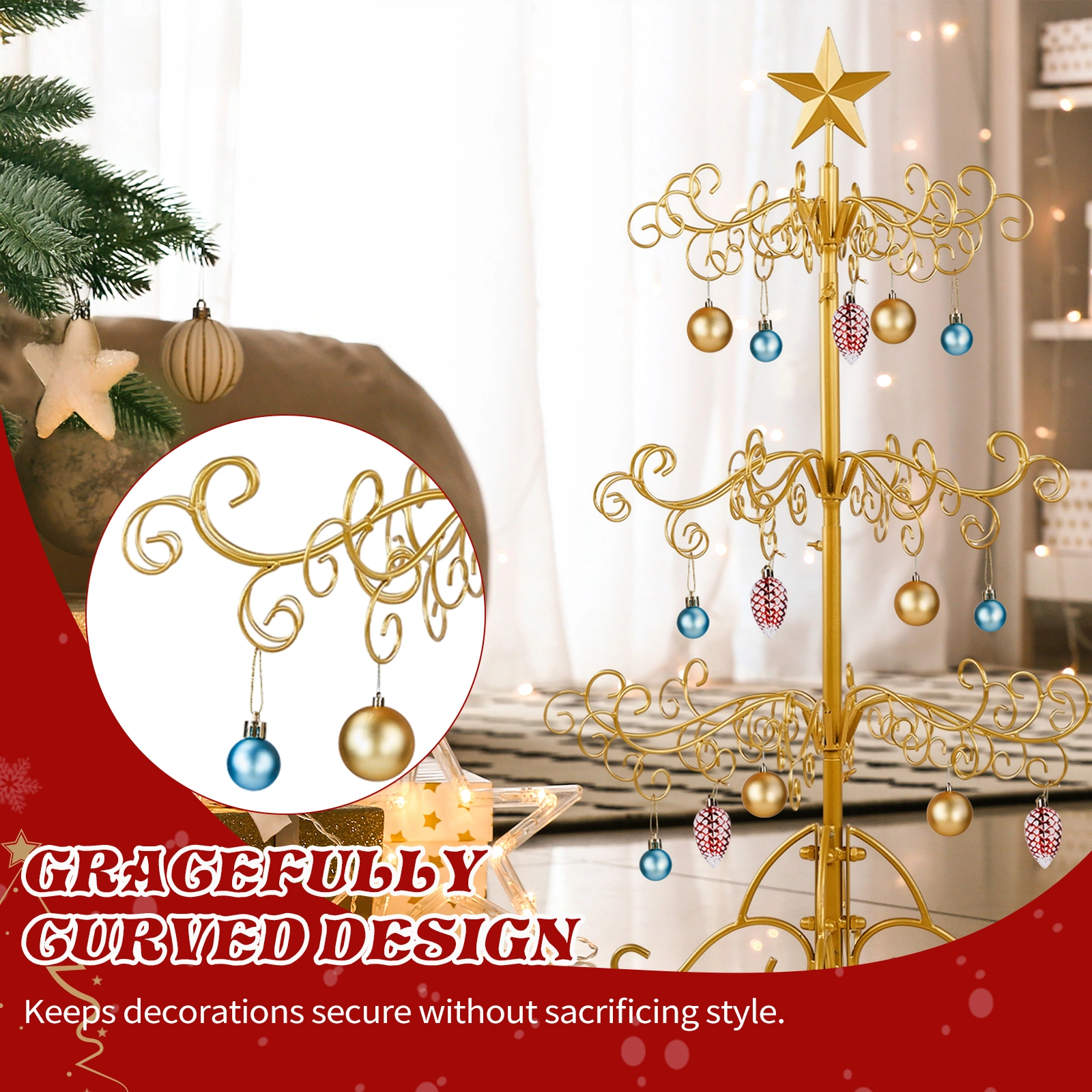 3ft Wrought Iron Christmas Tree, Metal Ornament Display Tree Stand for for Holiday Party Home Decor, Indoor & Outdoor Decor Hanger, Gold view 10