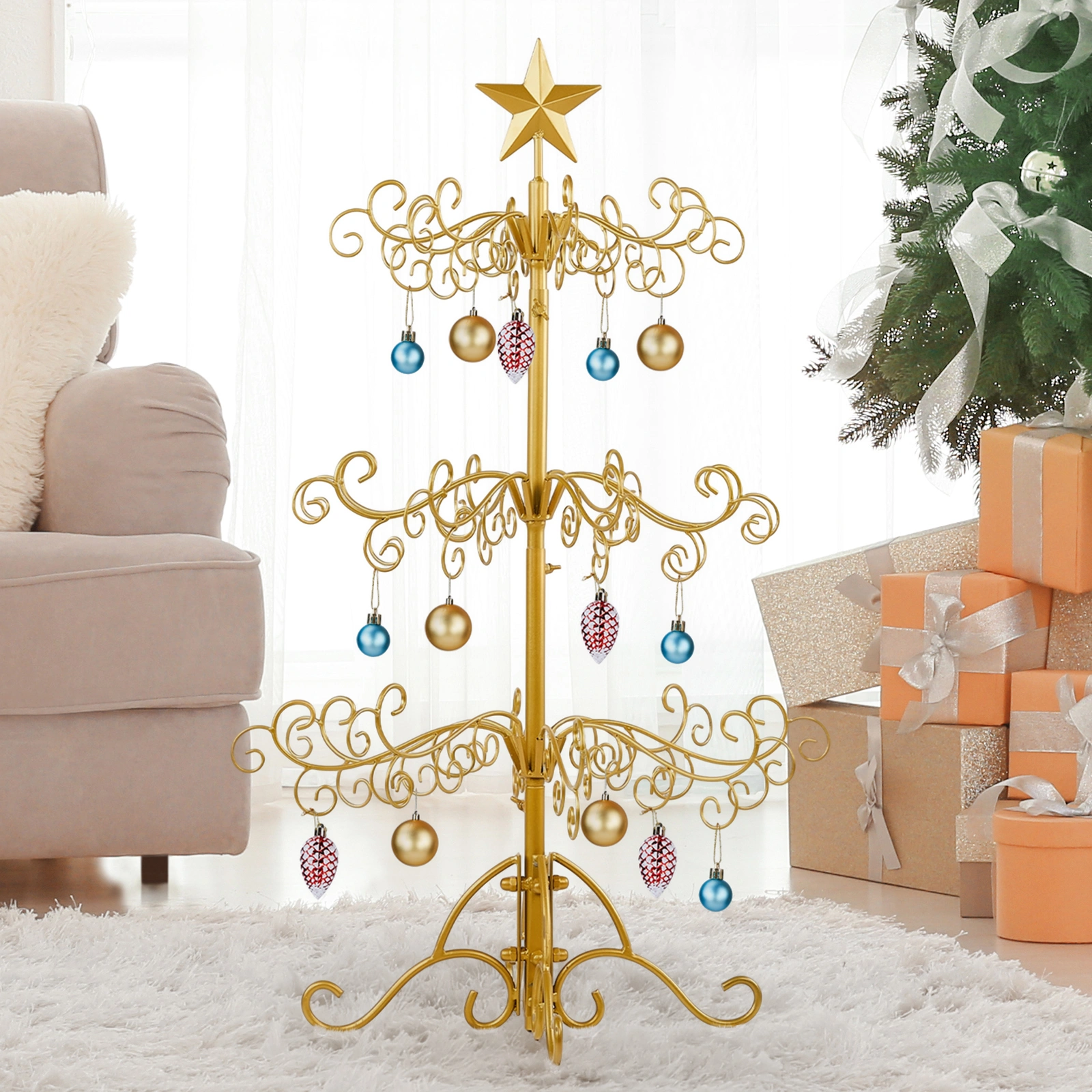 3ft Wrought Iron Christmas Tree, Metal Ornament Display Tree Stand for for Holiday Party Home Decor, Indoor & Outdoor Decor Hanger, Gold view 2