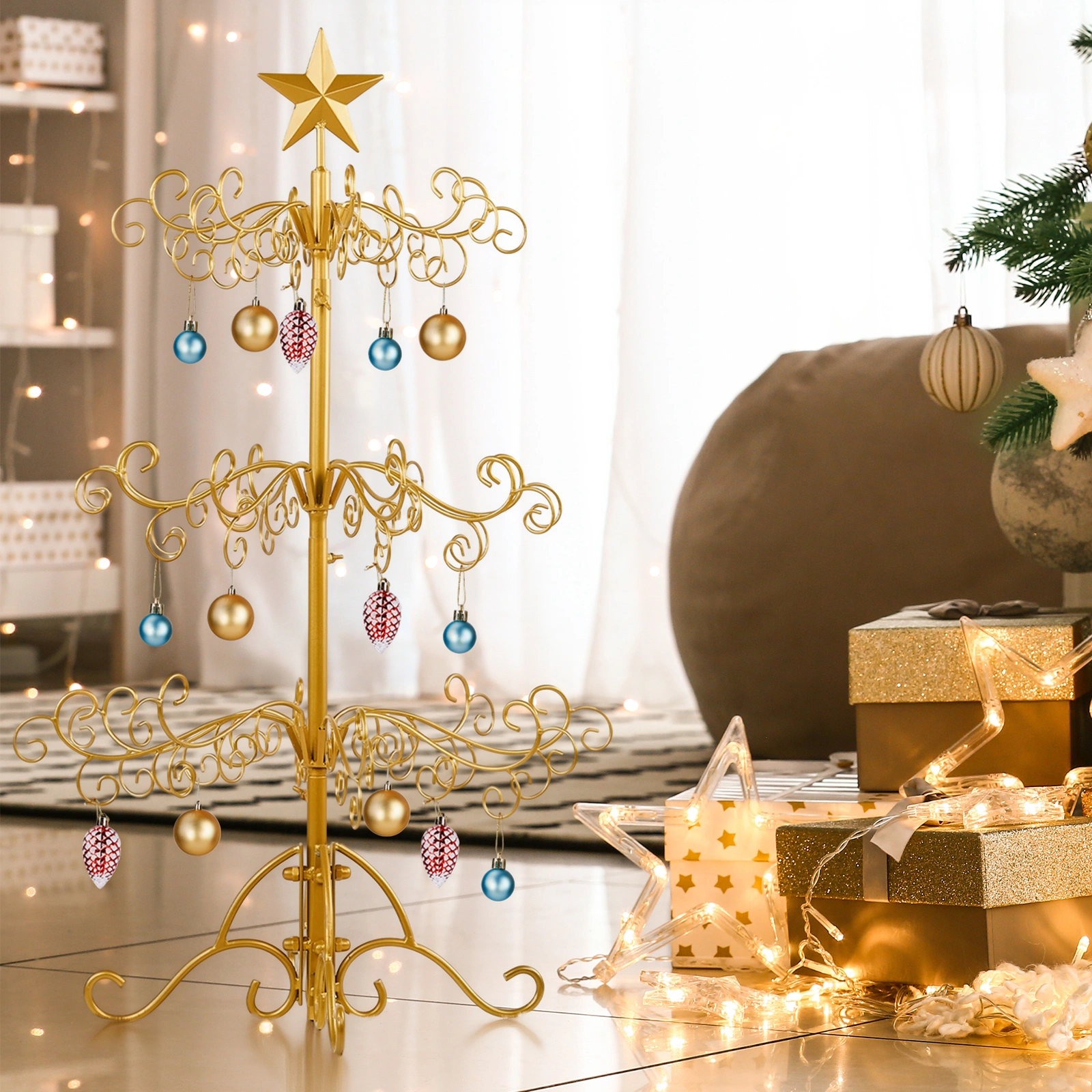 3ft Wrought Iron Christmas Tree, Metal Ornament Display Tree Stand for for Holiday Party Home Decor, Indoor & Outdoor Decor Hanger, Gold view 3