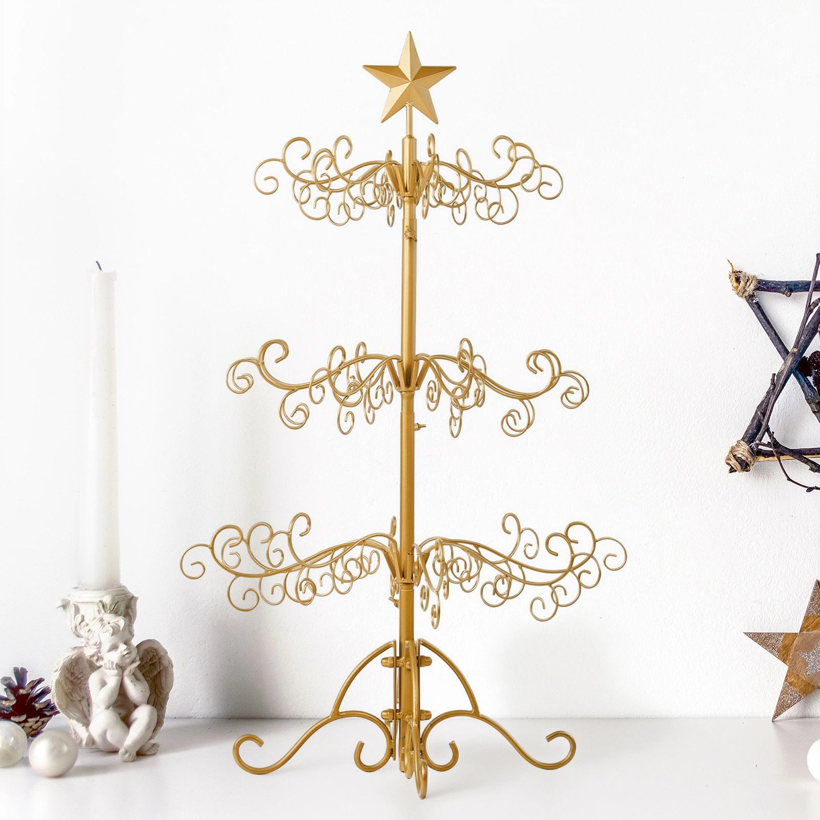 3ft Wrought Iron Christmas Tree, Metal Ornament Display Tree Stand for for Holiday Party Home Decor, Indoor & Outdoor Decor Hanger, Gold view 4