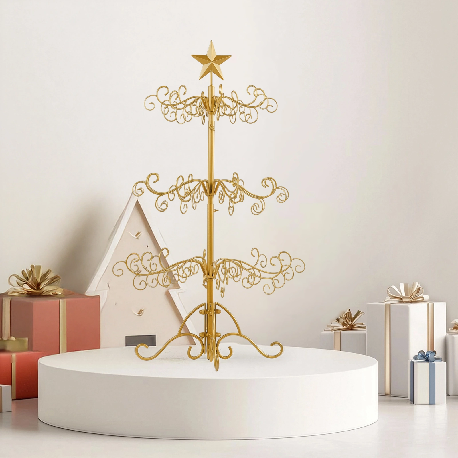 3ft Wrought Iron Christmas Tree, Metal Ornament Display Tree Stand for for Holiday Party Home Decor, Indoor & Outdoor Decor Hanger, Gold view 5