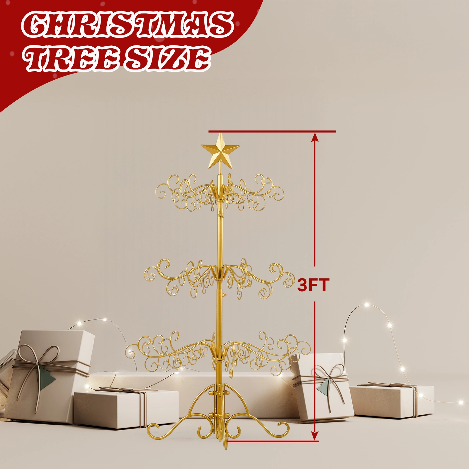 3ft Wrought Iron Christmas Tree, Metal Ornament Display Tree Stand for for Holiday Party Home Decor, Indoor & Outdoor Decor Hanger, Gold view 6