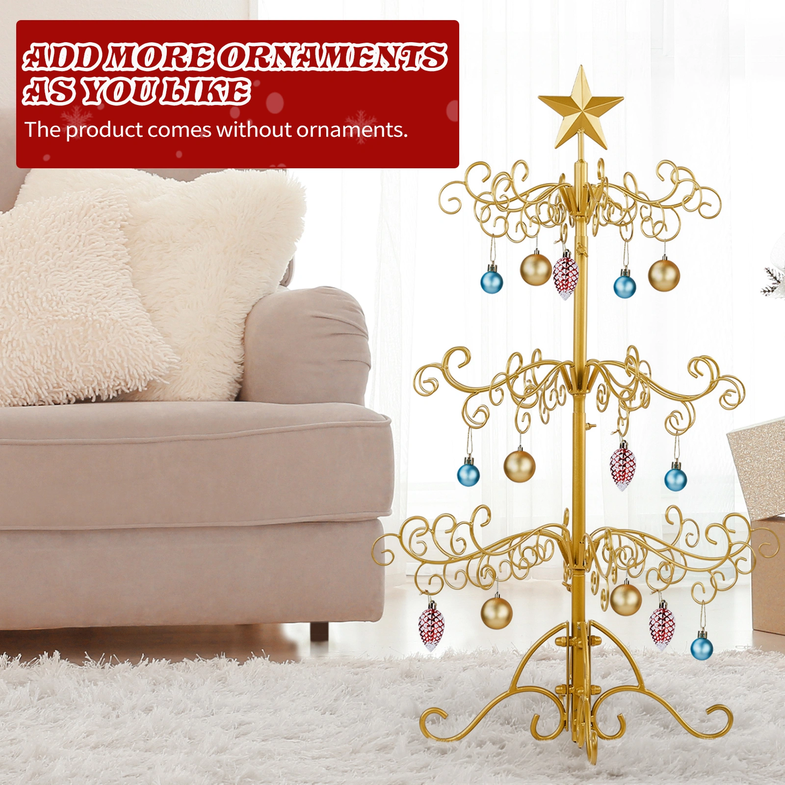 3ft Wrought Iron Christmas Tree, Metal Ornament Display Tree Stand for for Holiday Party Home Decor, Indoor & Outdoor Decor Hanger, Gold view 9