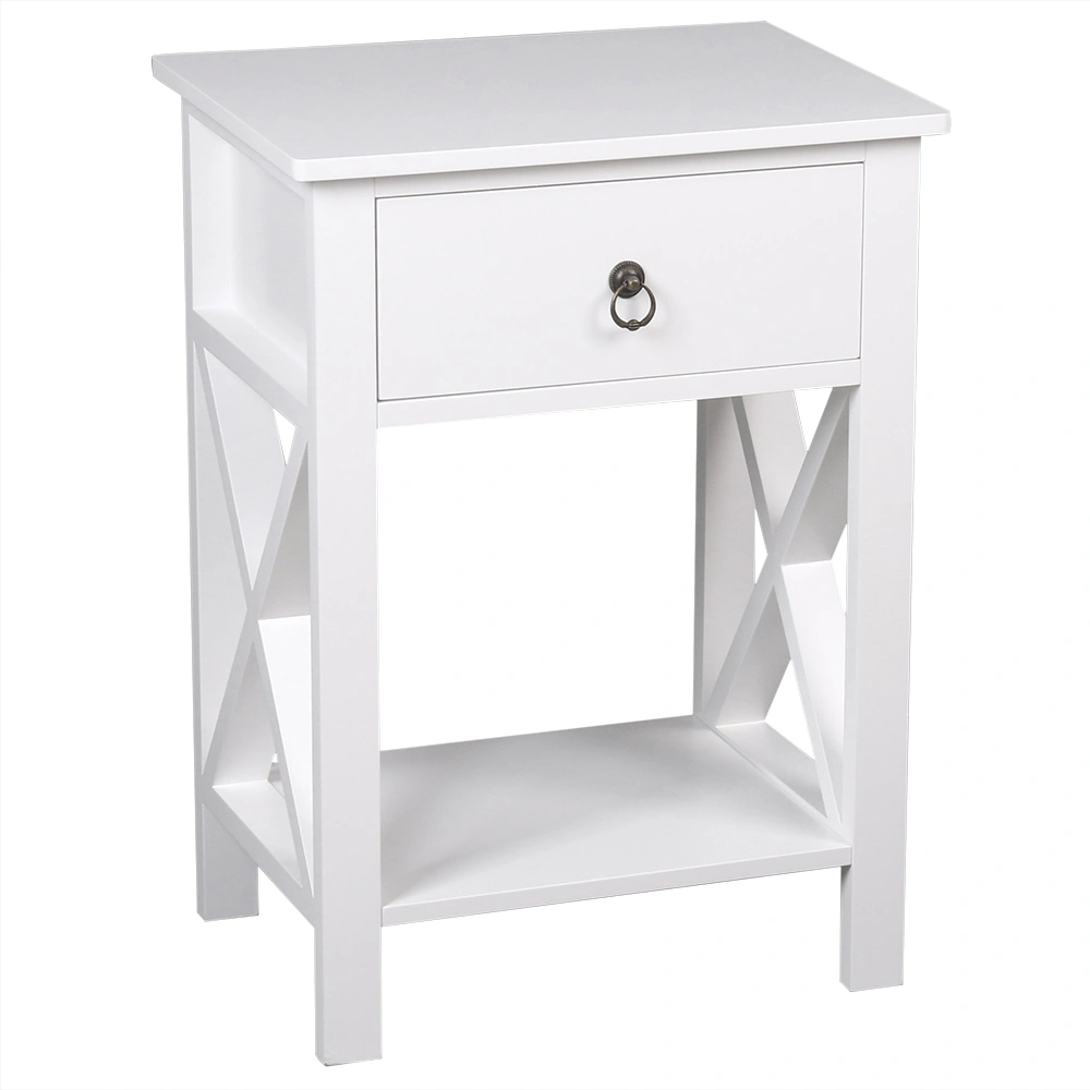 Nightstand Modern End Table, Side Table with 1 Drawer and Storage Shelf, White view 3