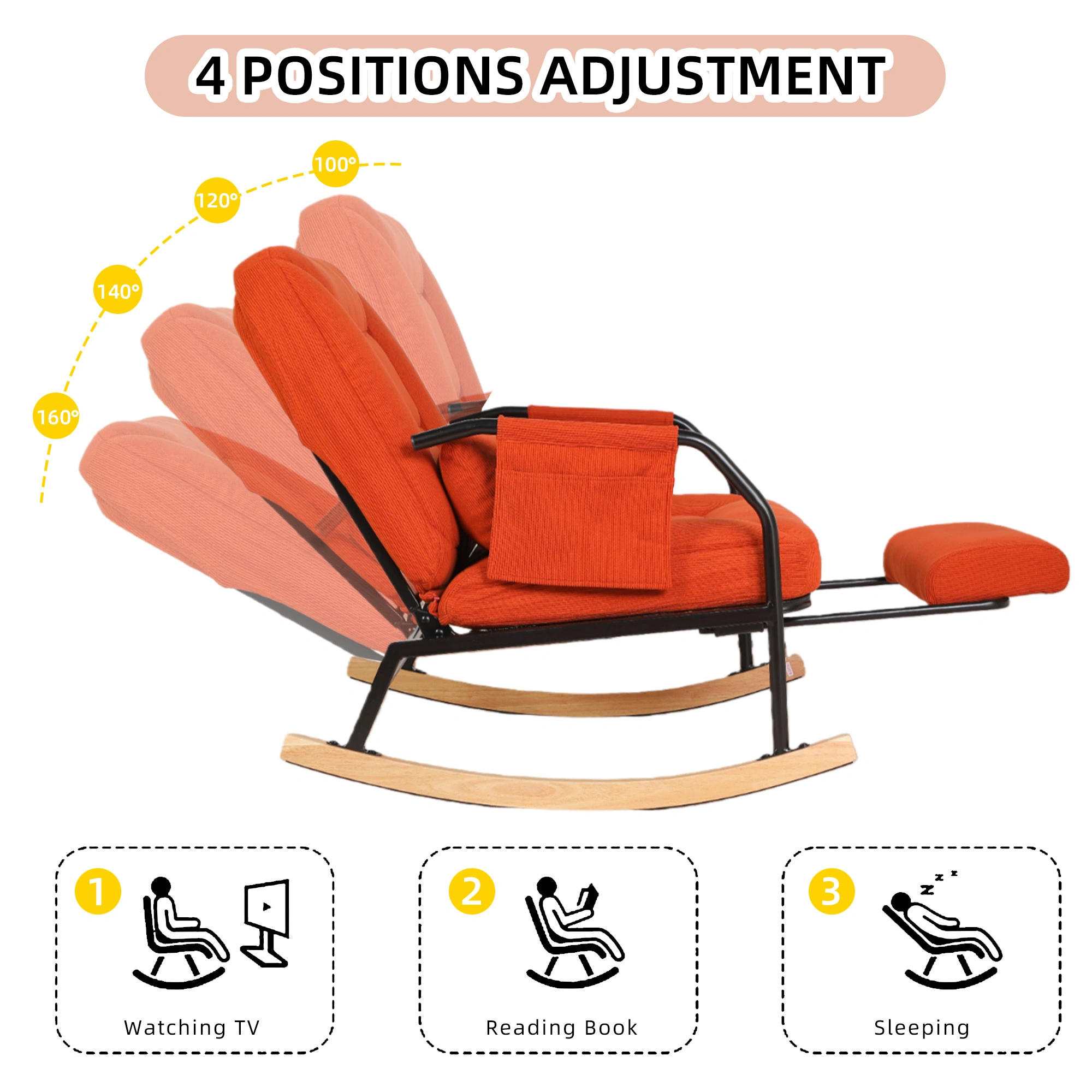 Oversized Rocking Chair Glider Patio Rocker Chairs with Foot Rest, Padded Cushion, Adjustable Backrest, Mental Wooden Farm,Indoor/Outdoor Living Room Bedroom Balcony Porch, Corduroy,Orange view 5