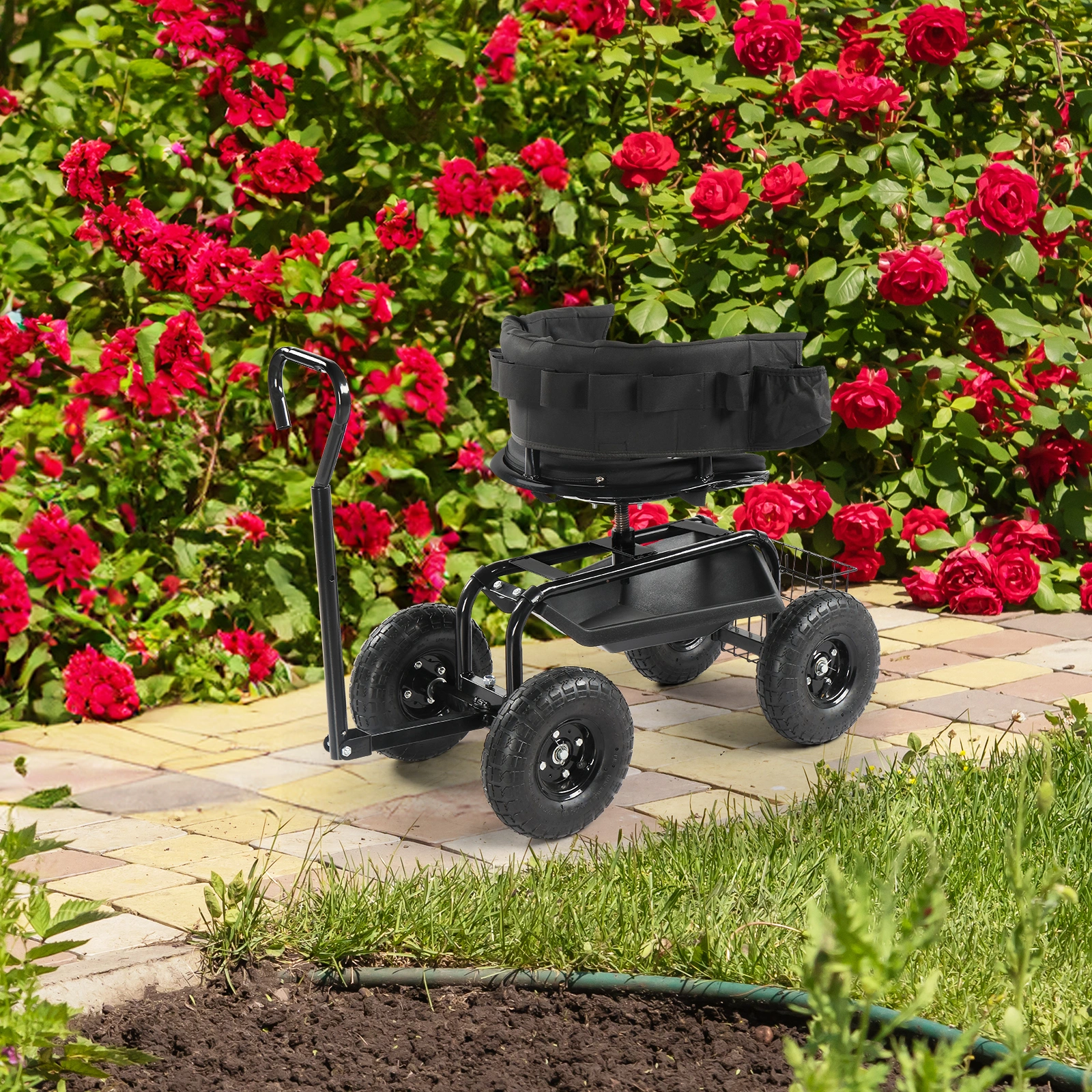 Rolling Garden Cart with Cushioned Backrest & Seat, Outdoor Gardening Stool for Planting, Garden Scooter with 360 Degree Swivel Seat & Steering Handle & Tool Tray, Black view 10