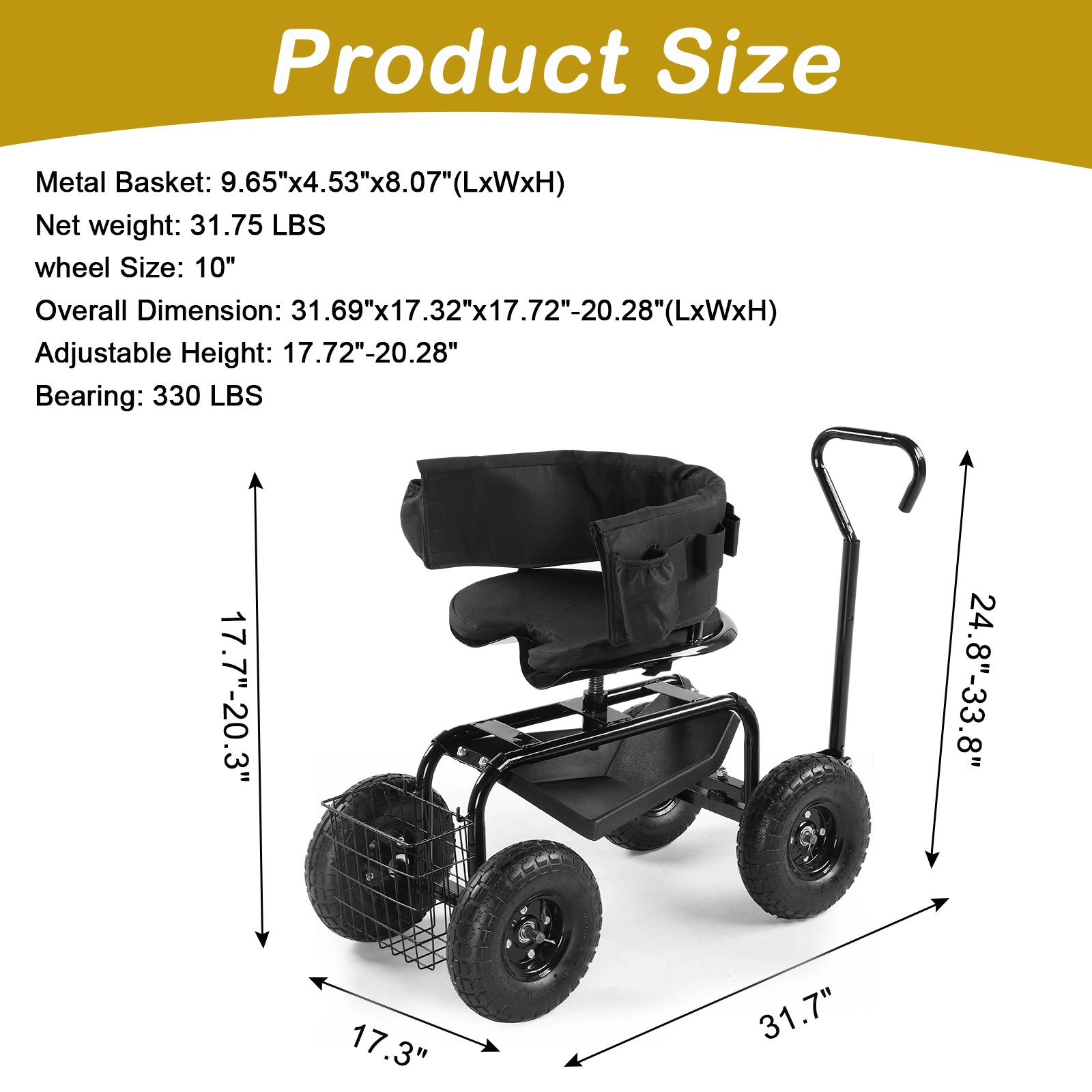 Rolling Garden Cart with Cushioned Backrest & Seat, Outdoor Gardening Stool for Planting, Garden Scooter with 360 Degree Swivel Seat & Steering Handle & Tool Tray, Black view 12