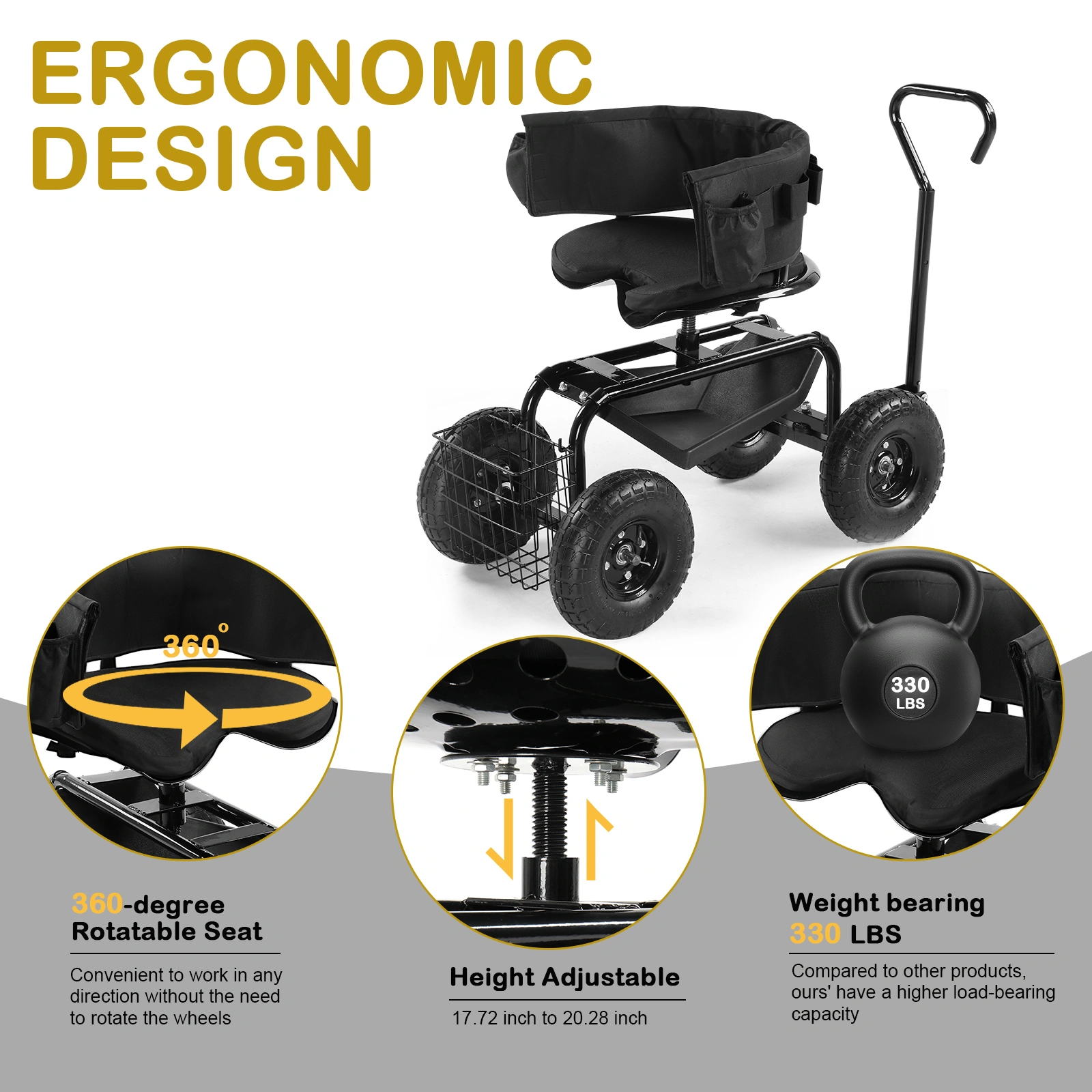 Rolling Garden Cart with Cushioned Backrest & Seat, Outdoor Gardening Stool for Planting, Garden Scooter with 360 Degree Swivel Seat & Steering Handle & Tool Tray, Black view 14