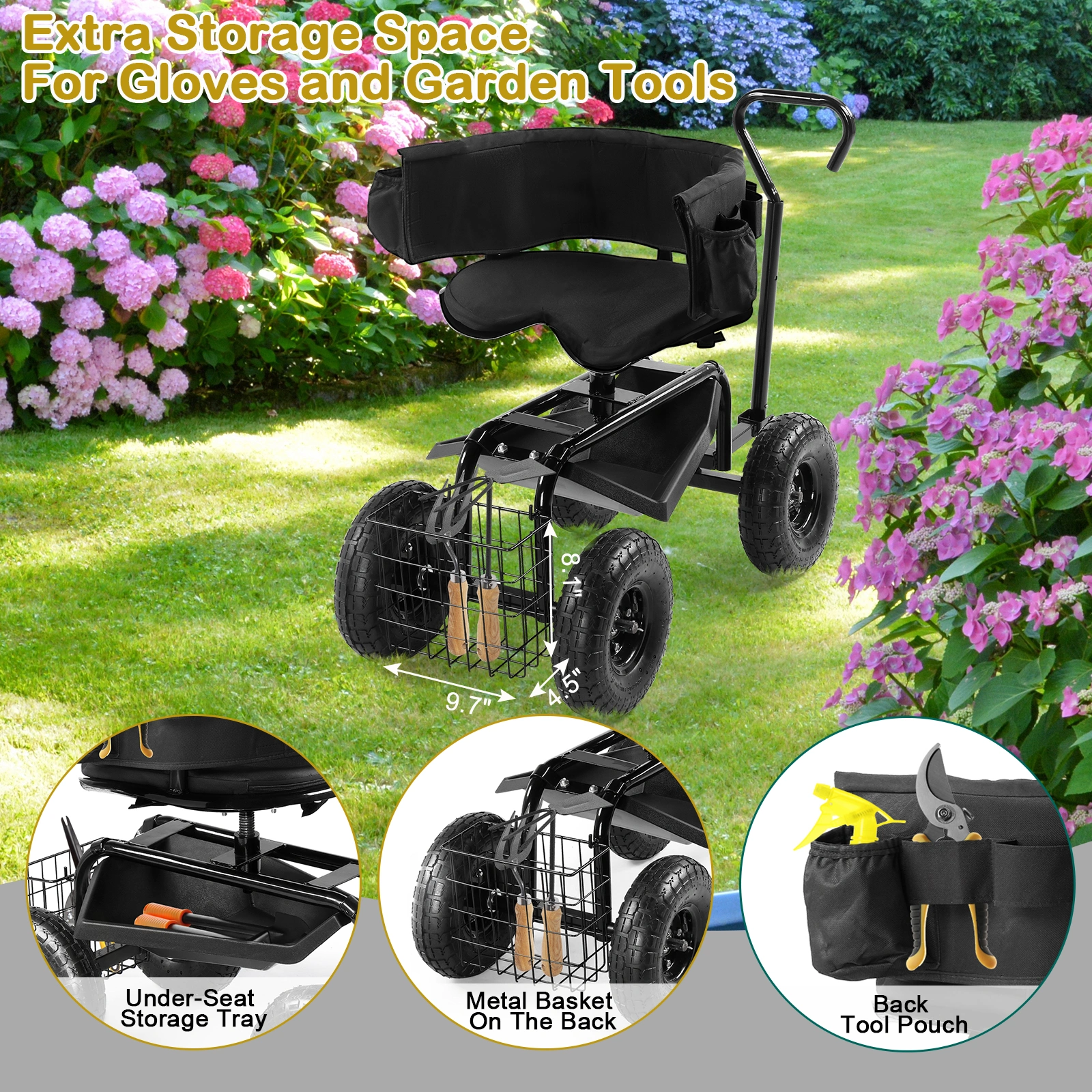 Rolling Garden Cart with Cushioned Backrest & Seat, Outdoor Gardening Stool for Planting, Garden Scooter with 360 Degree Swivel Seat & Steering Handle & Tool Tray, Black view 16