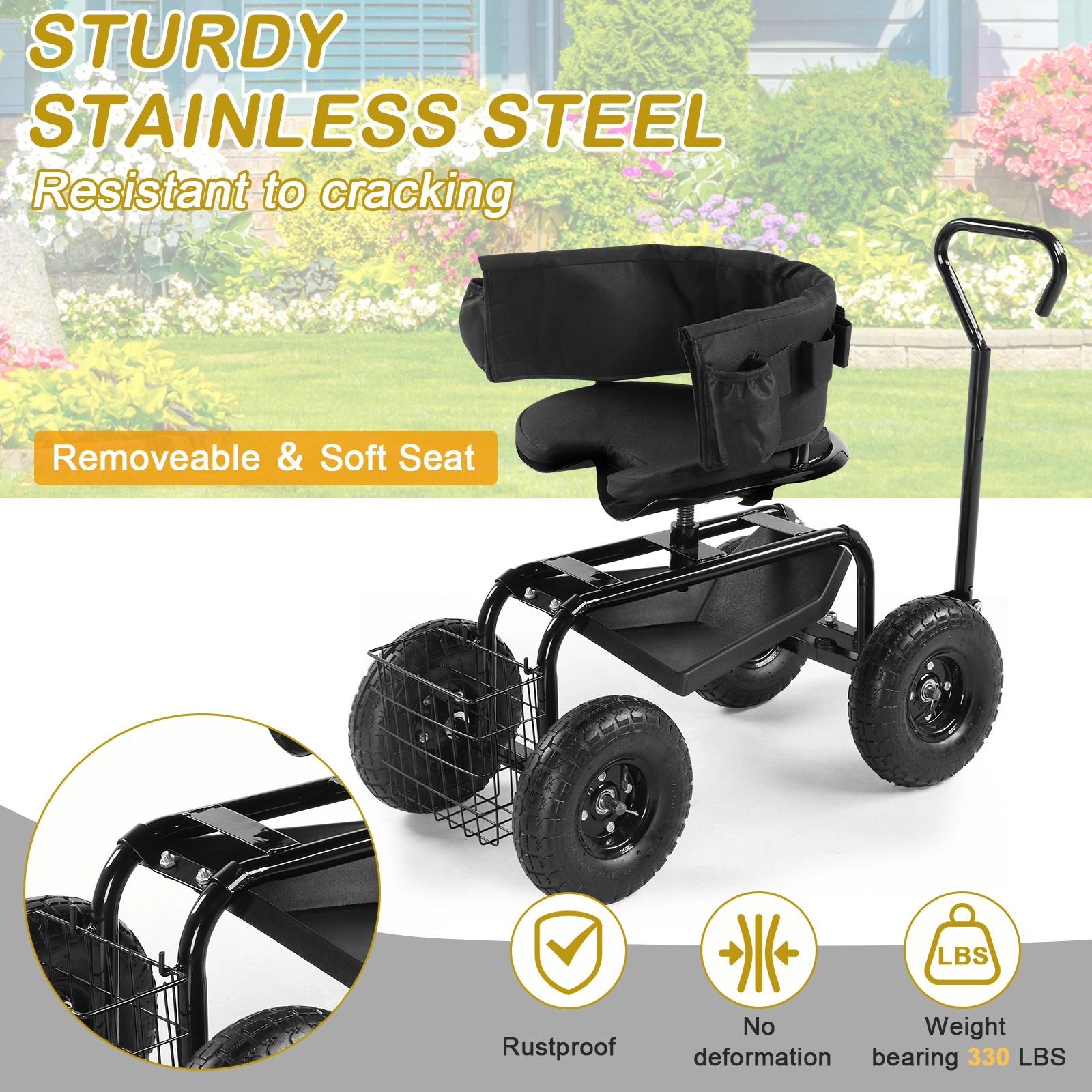 Rolling Garden Cart with Cushioned Backrest & Seat, Outdoor Gardening Stool for Planting, Garden Scooter with 360 Degree Swivel Seat & Steering Handle & Tool Tray, Black view 17