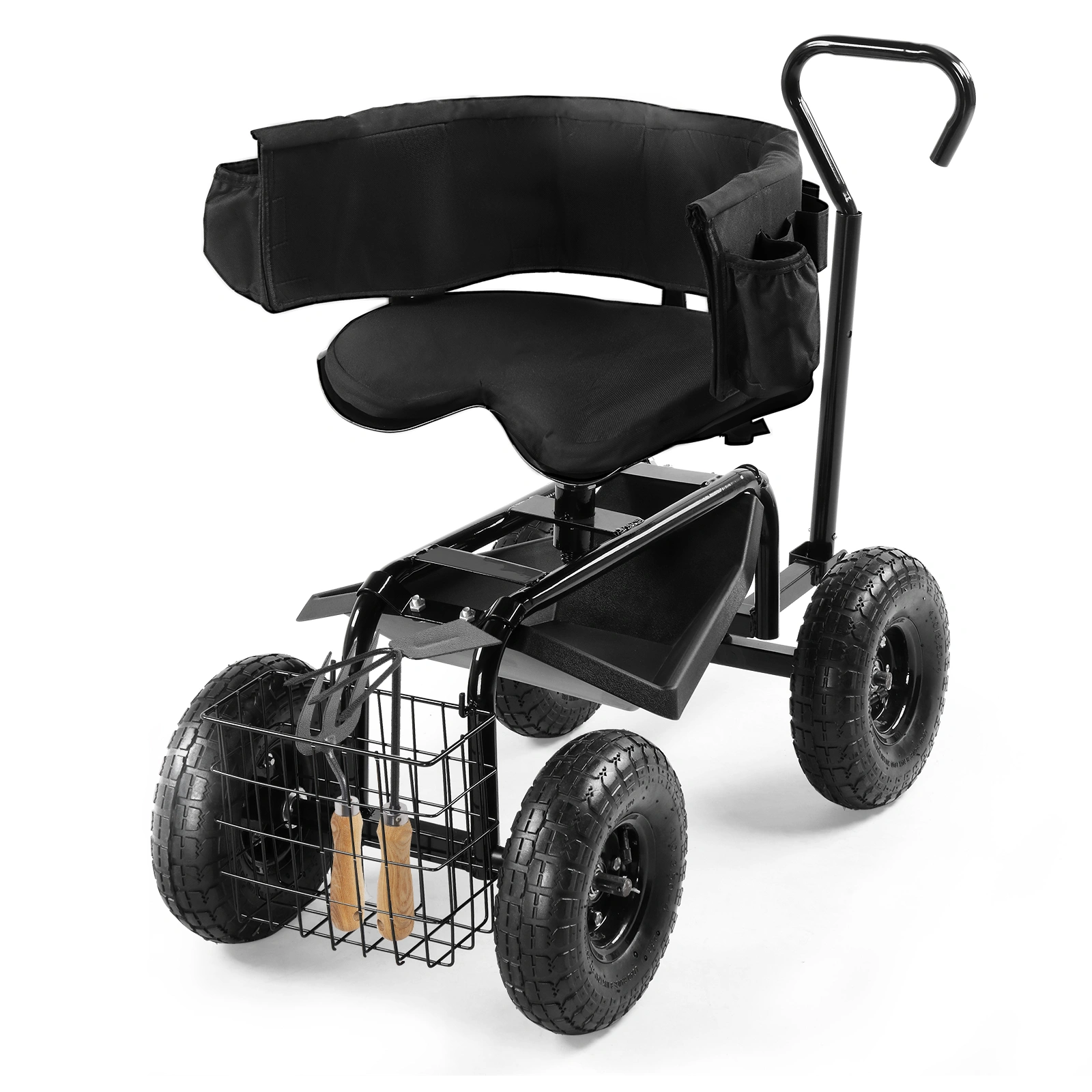 Rolling Garden Cart with Cushioned Backrest & Seat, Outdoor Gardening Stool for Planting, Garden Scooter with 360 Degree Swivel Seat & Steering Handle & Tool Tray, Black view 2