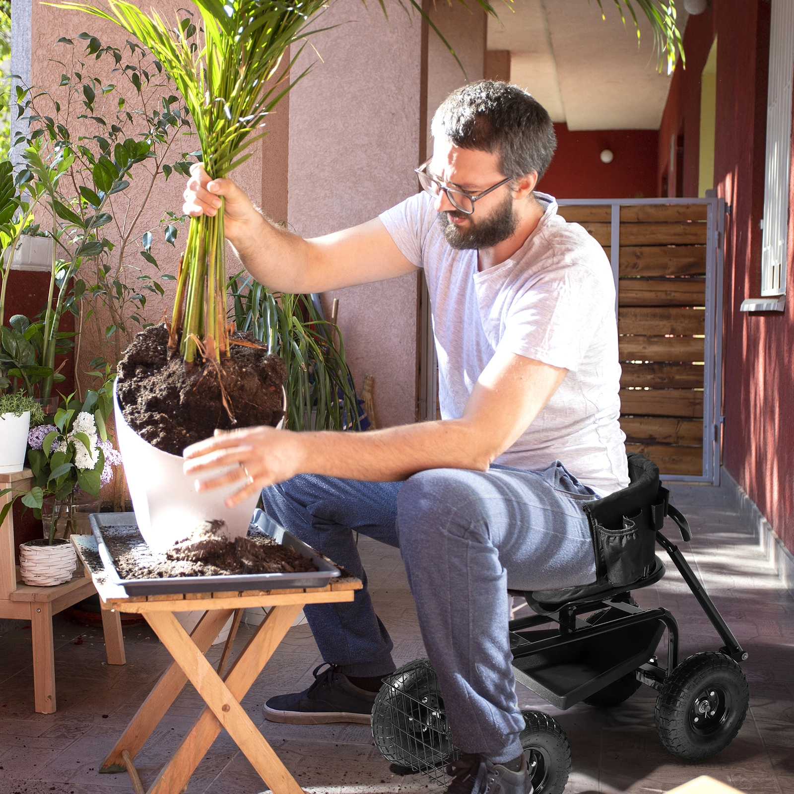 Rolling Garden Cart with Cushioned Backrest & Seat, Outdoor Gardening Stool for Planting, Garden Scooter with 360 Degree Swivel Seat & Steering Handle & Tool Tray, Black view 7