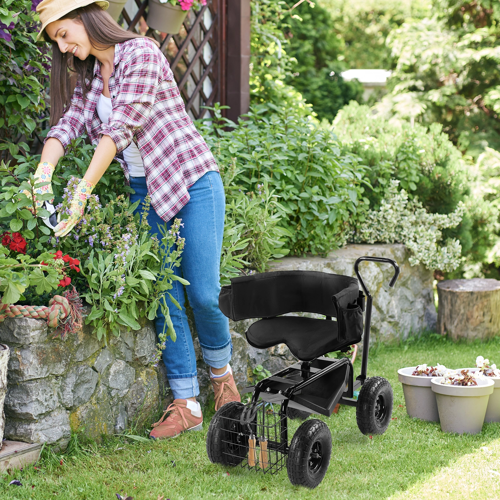 Rolling Garden Cart with Cushioned Backrest & Seat, Outdoor Gardening Stool for Planting, Garden Scooter with 360 Degree Swivel Seat & Steering Handle & Tool Tray, Black view 9
