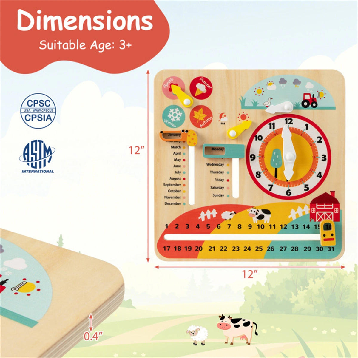 Montessori Wooden Time Learning Clock for Kids 3+, All-in-One Calendar Season Weather Educational Toy view 4