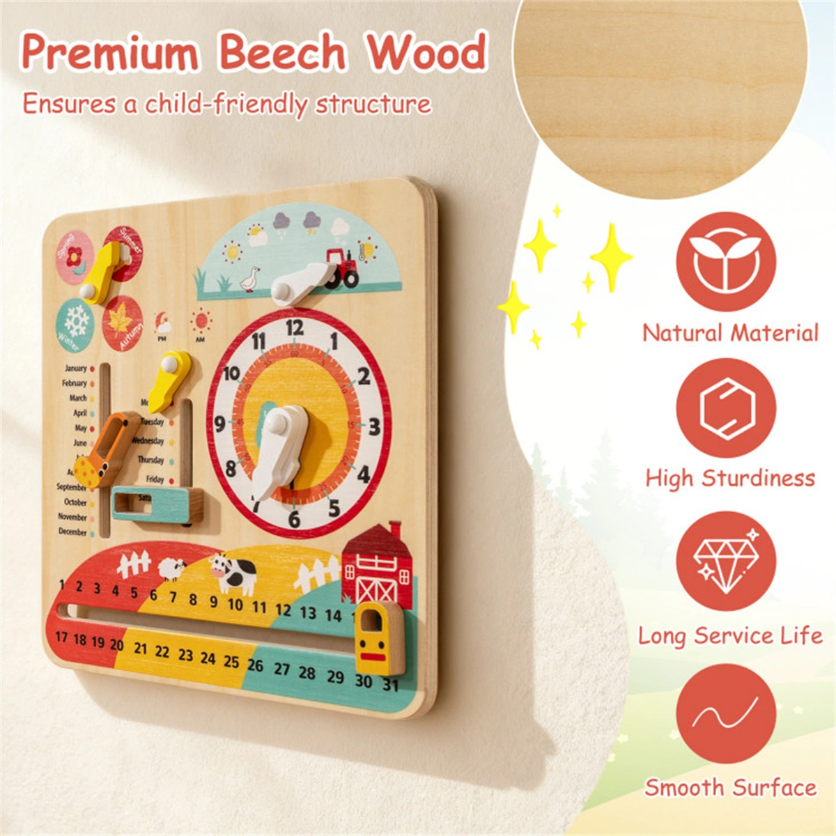 Montessori Wooden Time Learning Clock for Kids 3+, All-in-One Calendar Season Weather Educational Toy view 7