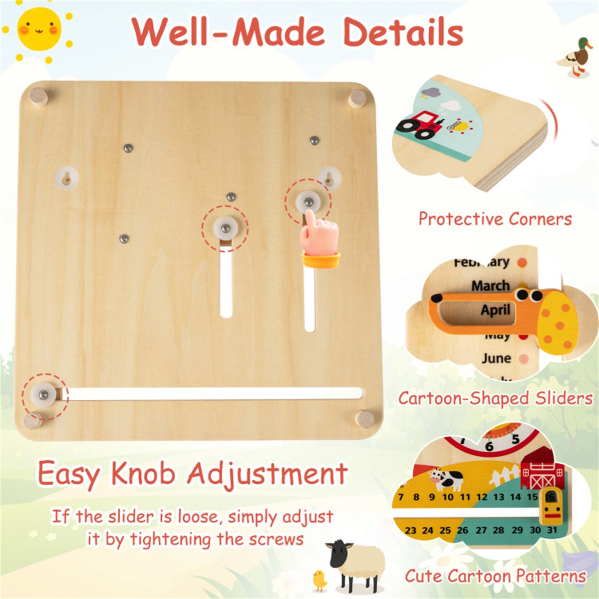 Montessori Wooden Time Learning Clock for Kids 3+, All-in-One Calendar Season Weather Educational Toy view 8
