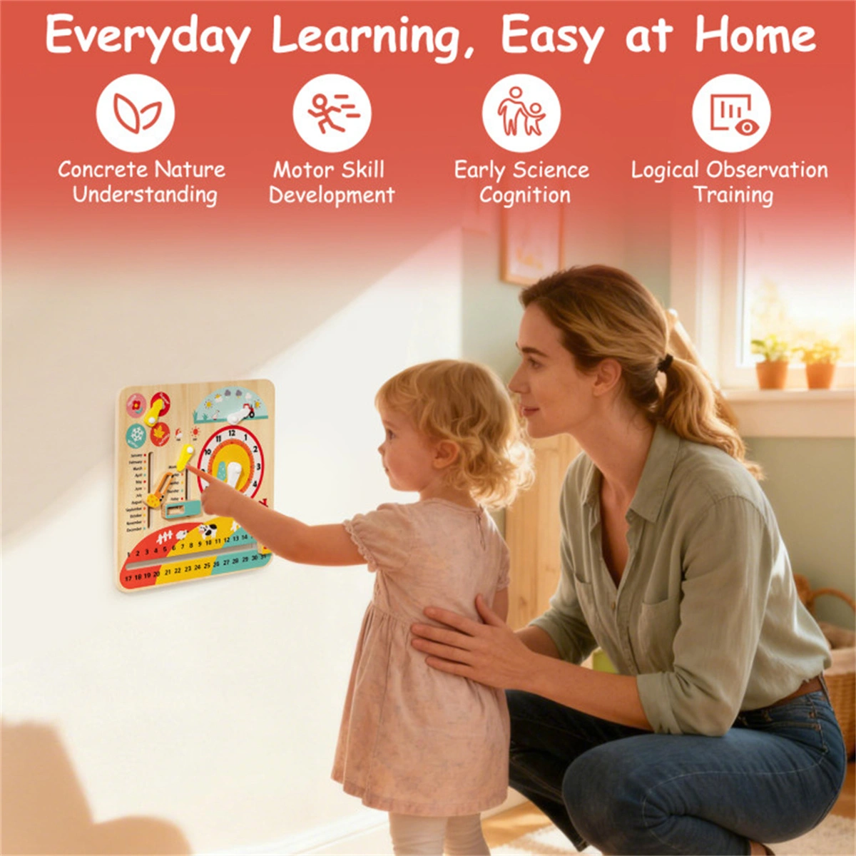 Montessori Wooden Time Learning Clock for Kids 3+, All-in-One Calendar Season Weather Educational Toy view 9