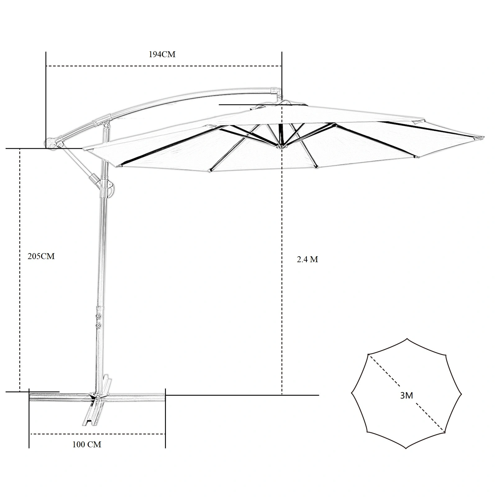 3m Garden Parasol Solar LED Patio Umbrella, 8 Rib Outdoor Sunshade Canopy with Crank Tilt UV Protection, Khaki view 2