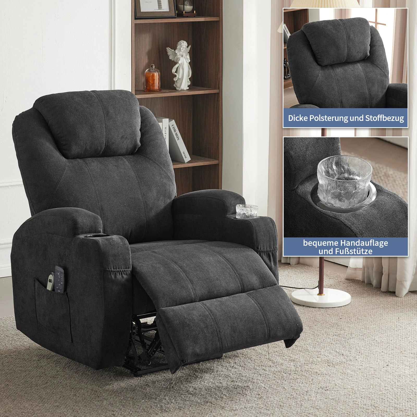 1pcs Black Fabric Electric Flat Recliner Chair, 2-Point Massage Belt Heating, 120kg Capacity, Indoor Functional Model 2-1