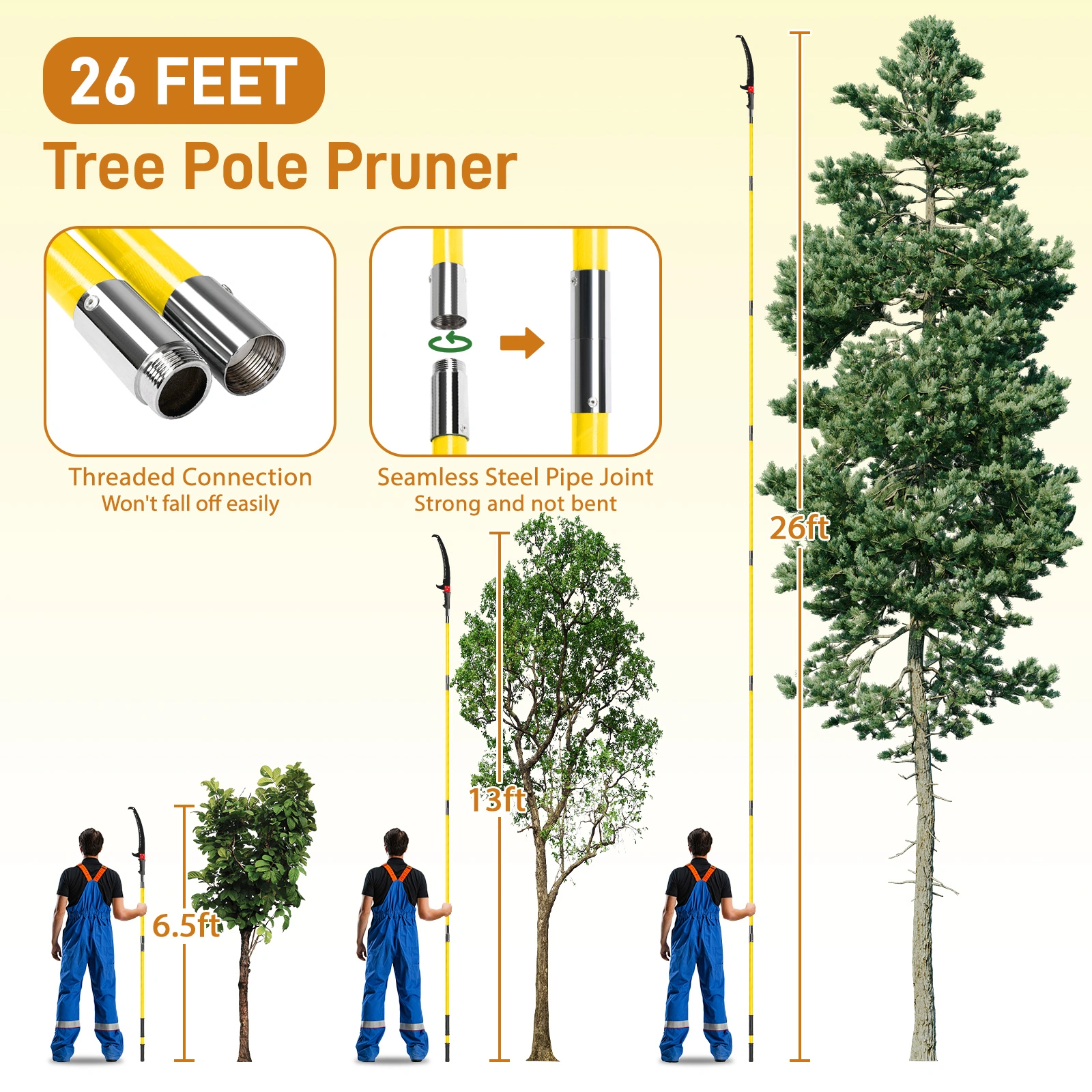 26ft Manual Pole Saw, Lightweight Tree Trimmers Long Handle Pruner Set, Sharp Steel Blade and Scissors Pole Saw for Trimming Palm, Pear Tree, Fir Tree, Other High Trees and Shrubs view 5