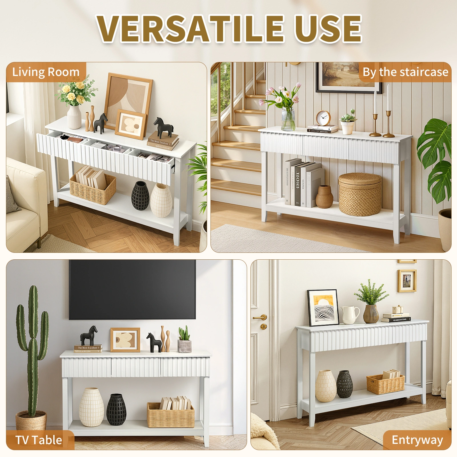 Modern Console Table with 3 Drawers and Open Storage Shelf, Entryway Table Narrow Long Sofa Table Hallway Foyer Table Behind Couch Table, White view 10