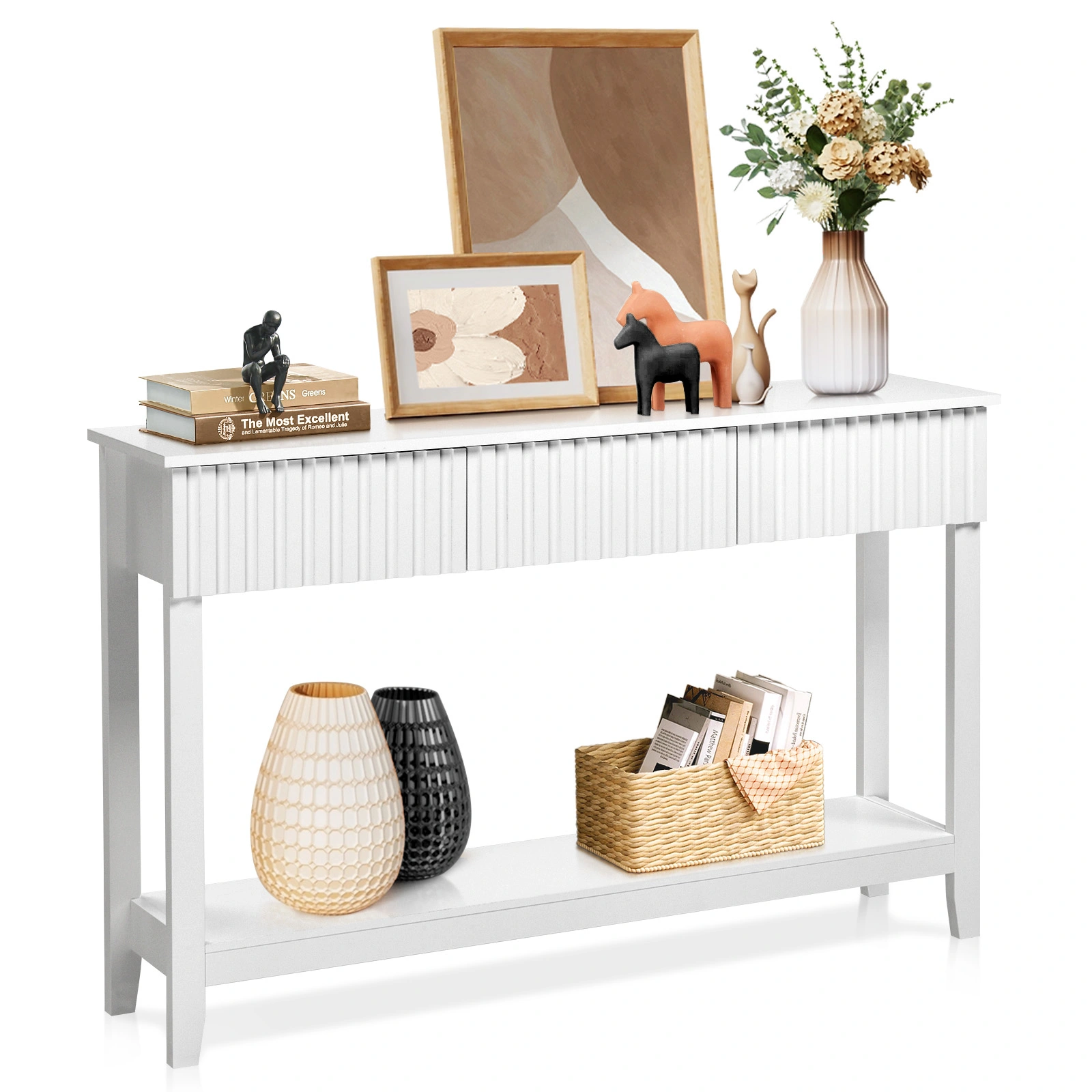 Modern Console Table with 3 Drawers and Open Storage Shelf, Entryway Table Narrow Long Sofa Table Hallway Foyer Table Behind Couch Table, White view 13