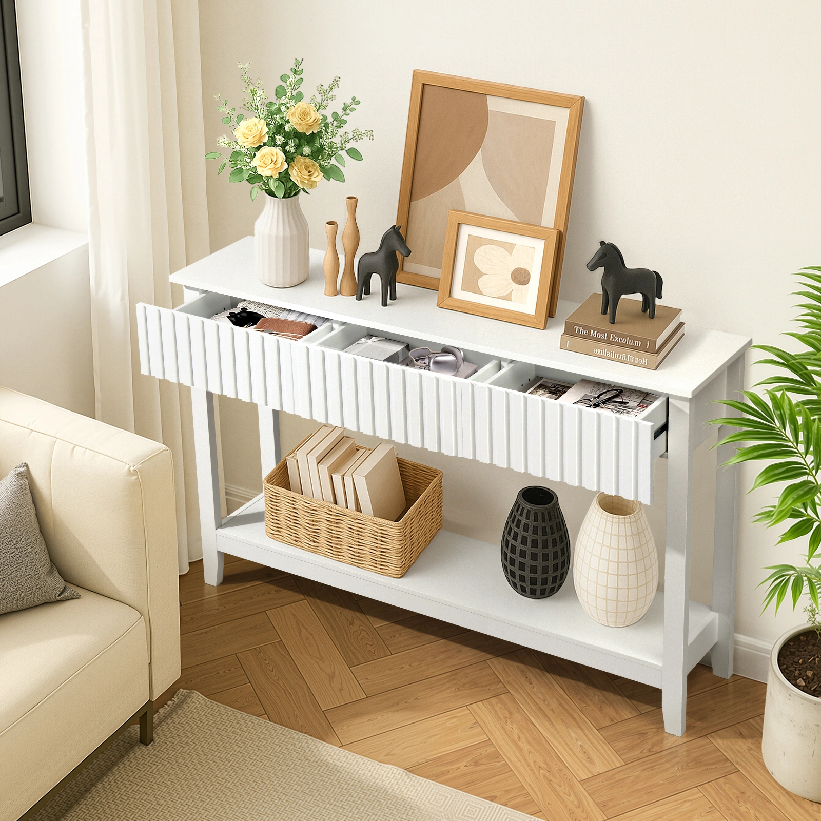 Modern Console Table with 3 Drawers and Open Storage Shelf, Entryway Table Narrow Long Sofa Table Hallway Foyer Table Behind Couch Table, White view 3