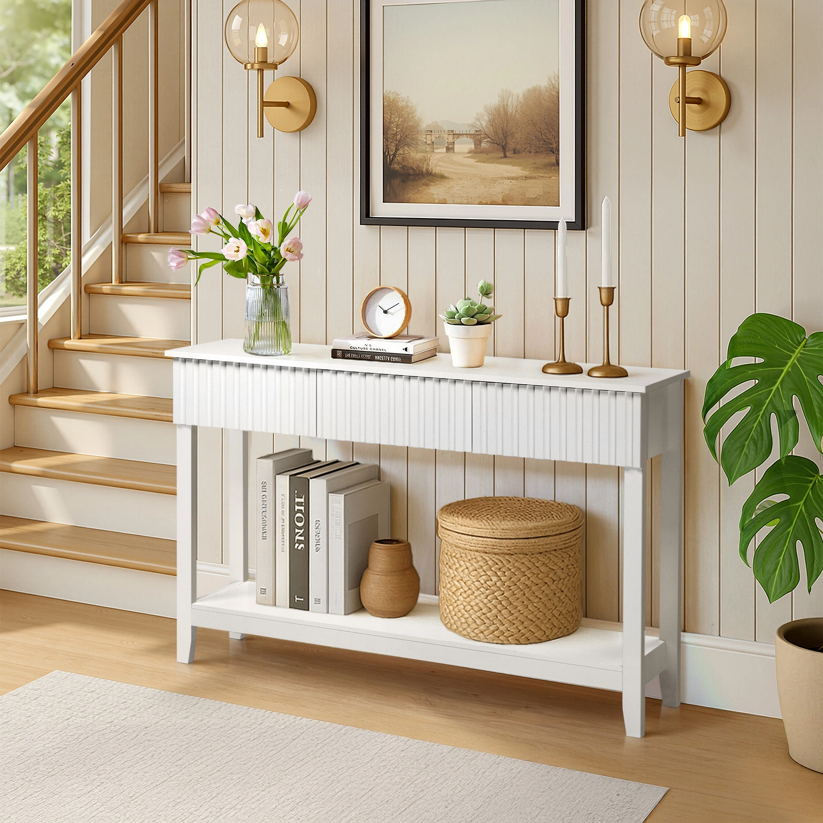 Modern Console Table with 3 Drawers and Open Storage Shelf, Entryway Table Narrow Long Sofa Table Hallway Foyer Table Behind Couch Table, White view 4