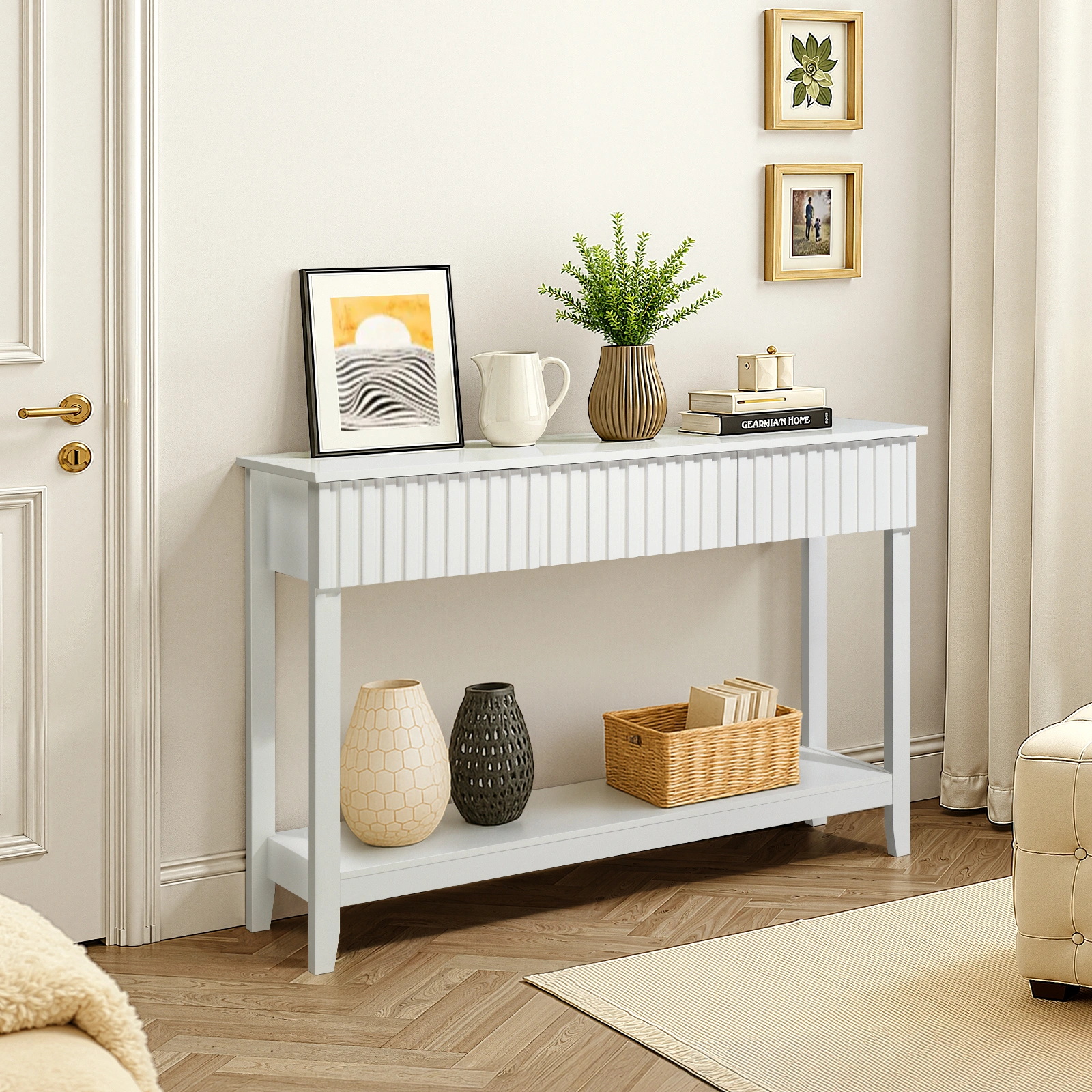 Modern Console Table with 3 Drawers and Open Storage Shelf, Entryway Table Narrow Long Sofa Table Hallway Foyer Table Behind Couch Table, White view 5