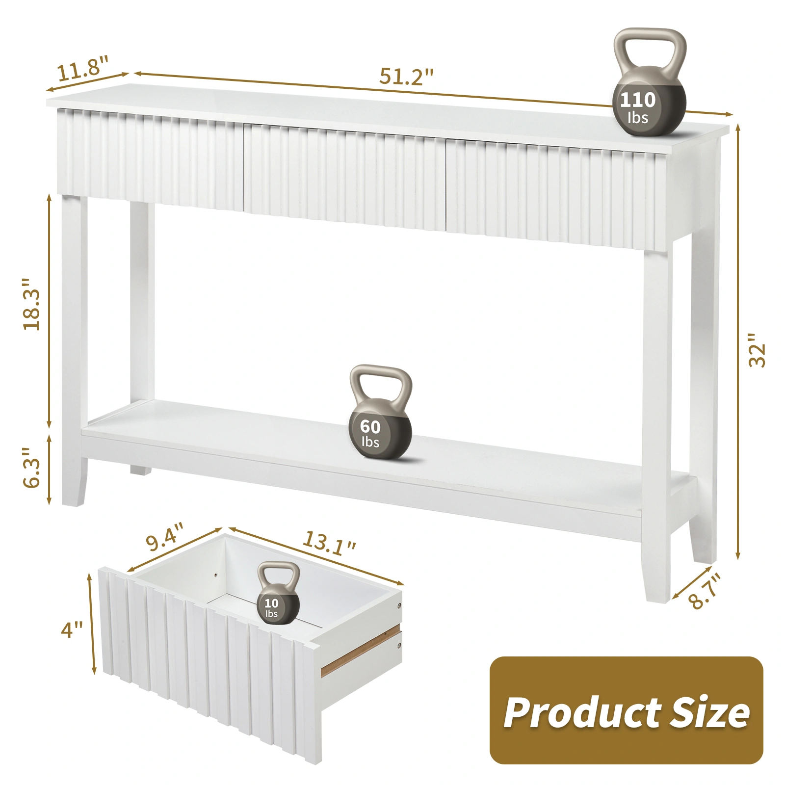 Modern Console Table with 3 Drawers and Open Storage Shelf, Entryway Table Narrow Long Sofa Table Hallway Foyer Table Behind Couch Table, White view 6