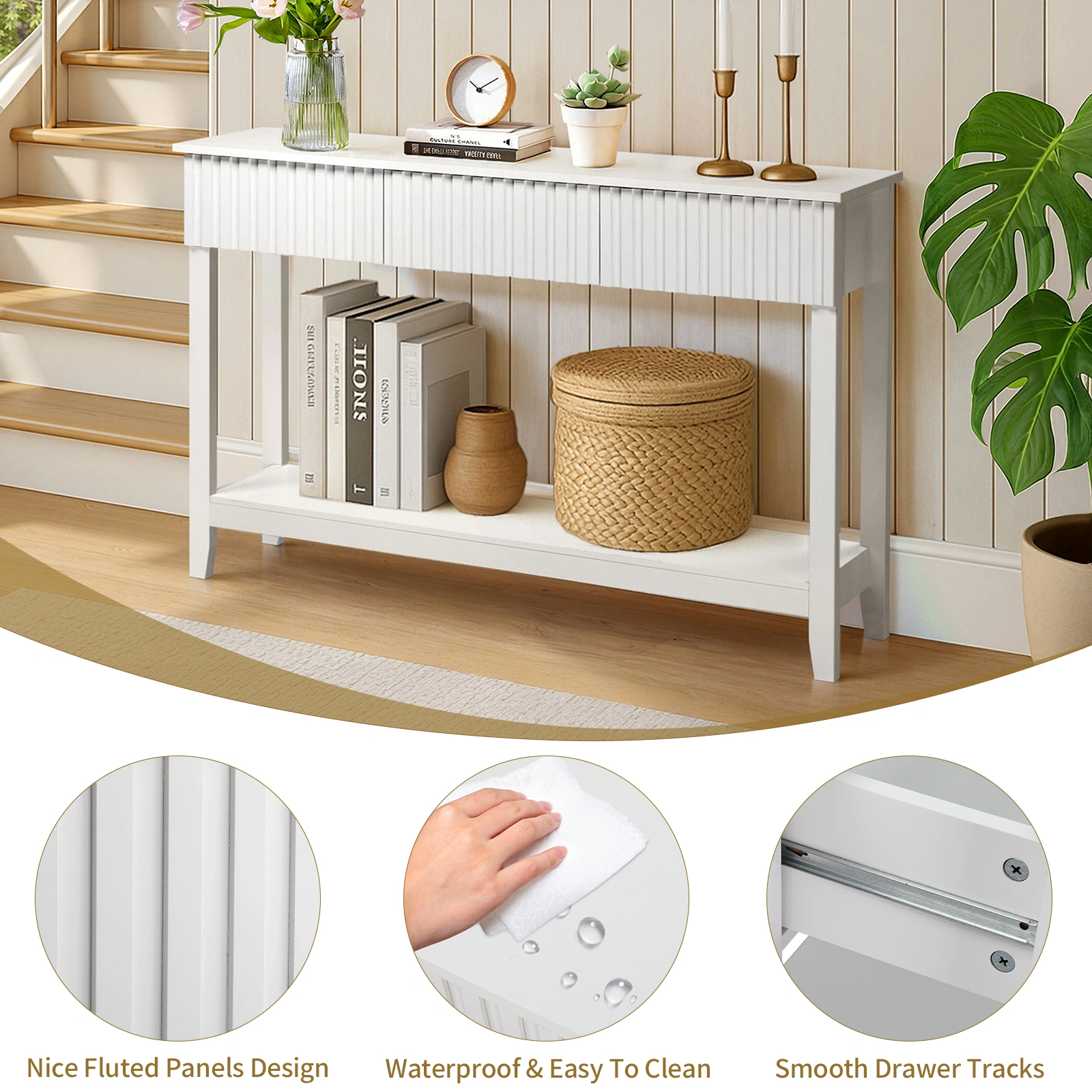 Modern Console Table with 3 Drawers and Open Storage Shelf, Entryway Table Narrow Long Sofa Table Hallway Foyer Table Behind Couch Table, White view 7