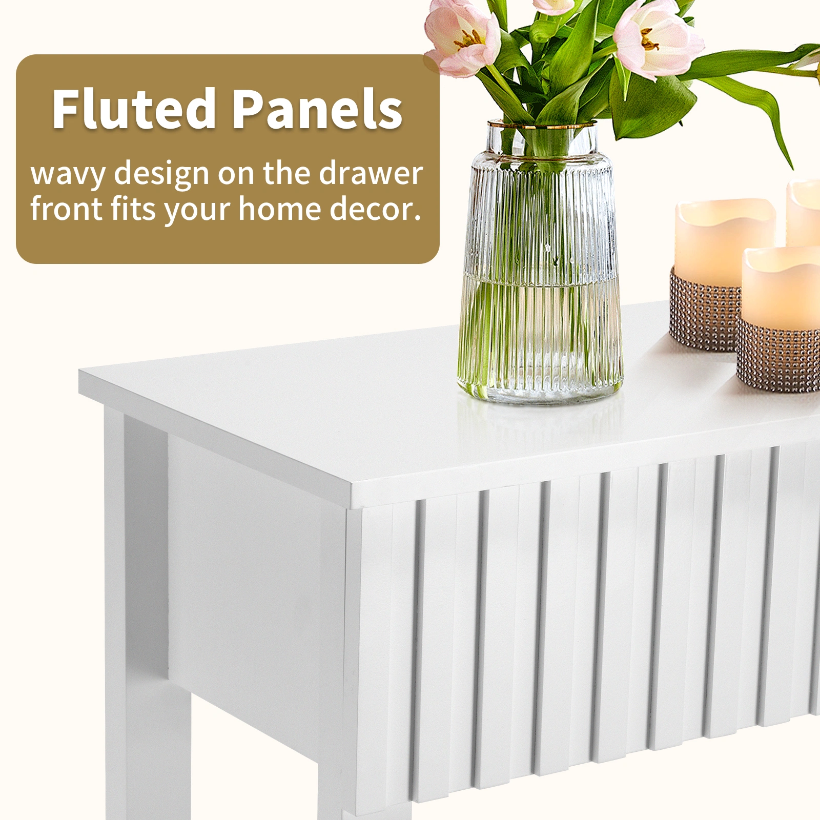 Modern Console Table with 3 Drawers and Open Storage Shelf, Entryway Table Narrow Long Sofa Table Hallway Foyer Table Behind Couch Table, White view 8