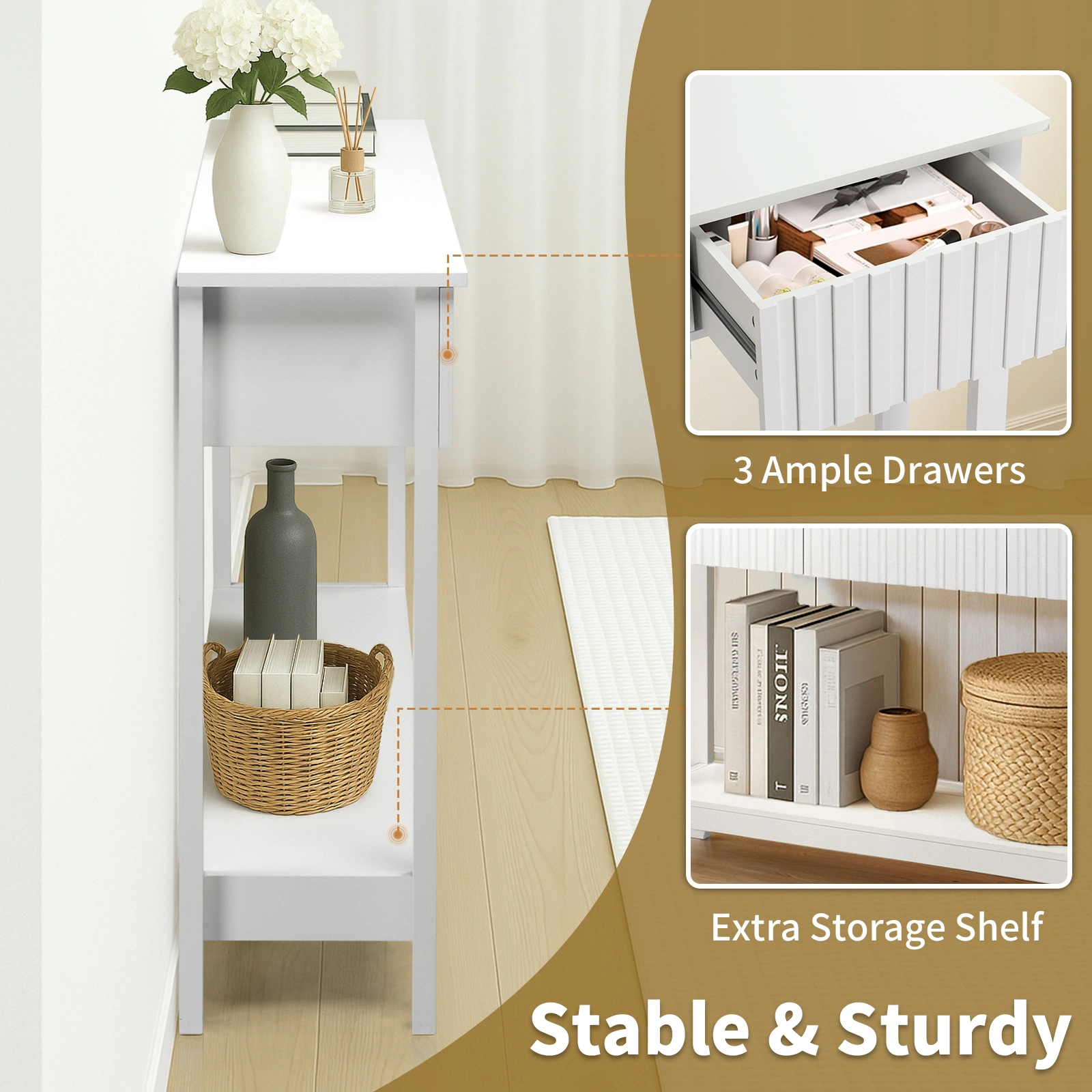 Modern Console Table with 3 Drawers and Open Storage Shelf, Entryway Table Narrow Long Sofa Table Hallway Foyer Table Behind Couch Table, White view 9