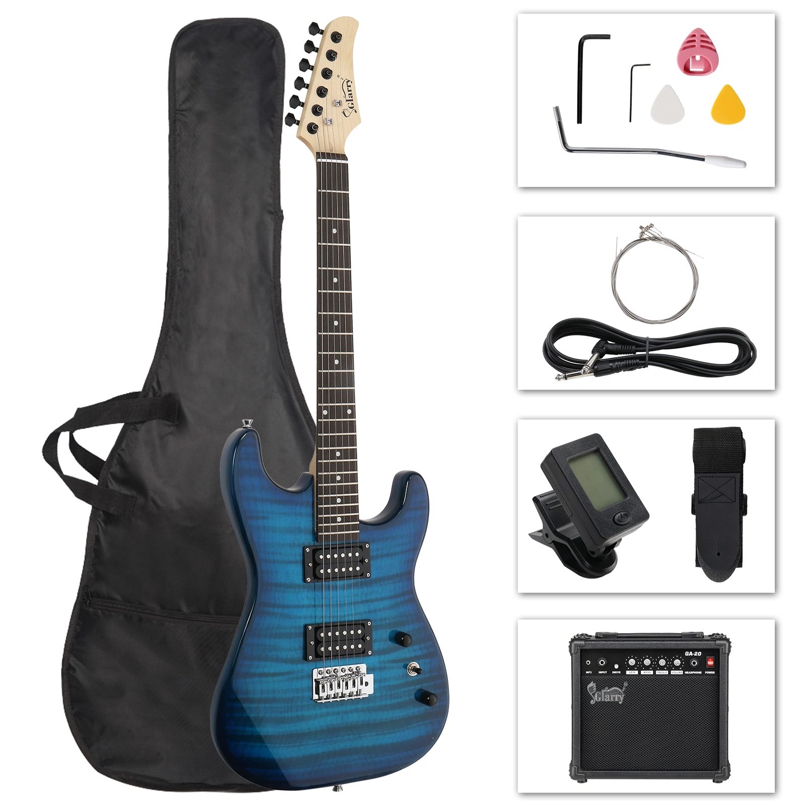 GST Tiger Stripe Electric Guitar Kit H-H Pickup 20W Amp Bag Strap Bundle, Blue