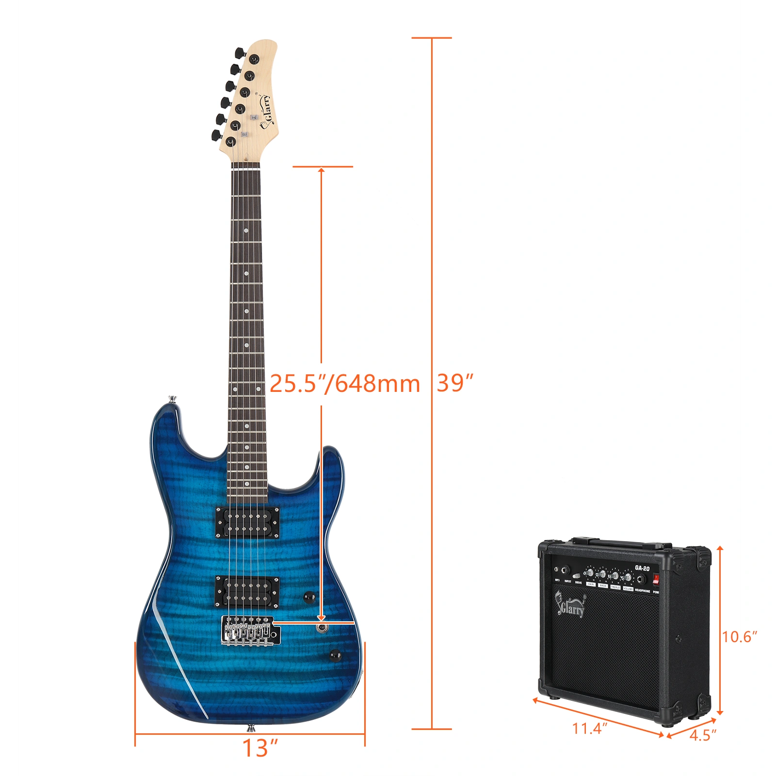 GST Tiger Stripe Electric Guitar Kit H-H Pickup 20W Amp Bag Strap Bundle, Blue view 11