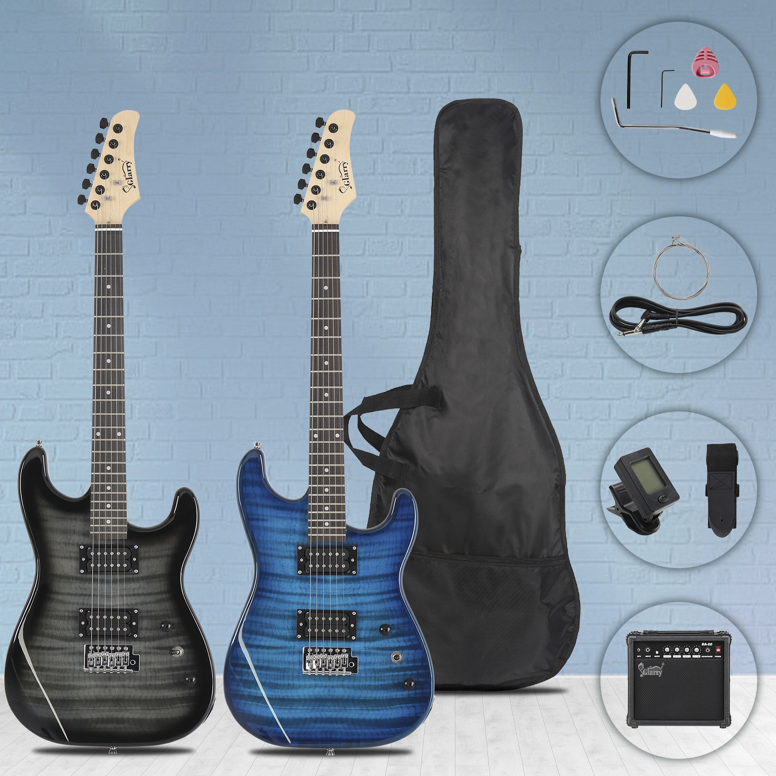 GST Tiger Stripe Electric Guitar Kit H-H Pickup 20W Amp Bag Strap Bundle, Blue view 13